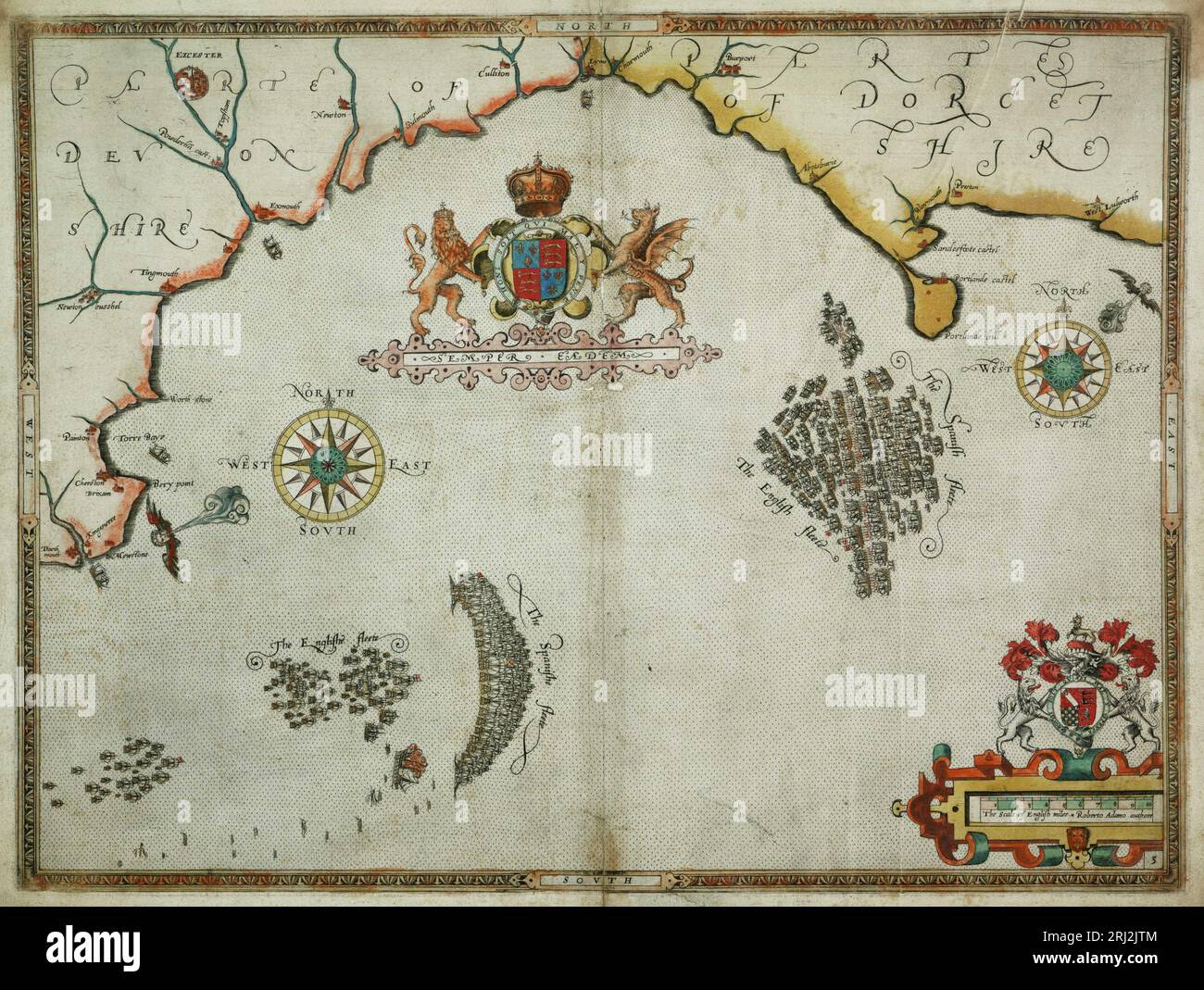 La flotte anglaise et l'Armada espagnole du 1 au 2 août 1588, comme indiqué sur une carte faite en 1590, deux ans seulement après la défaite de l'Armada espagnole le 8 août 1588 Banque D'Images