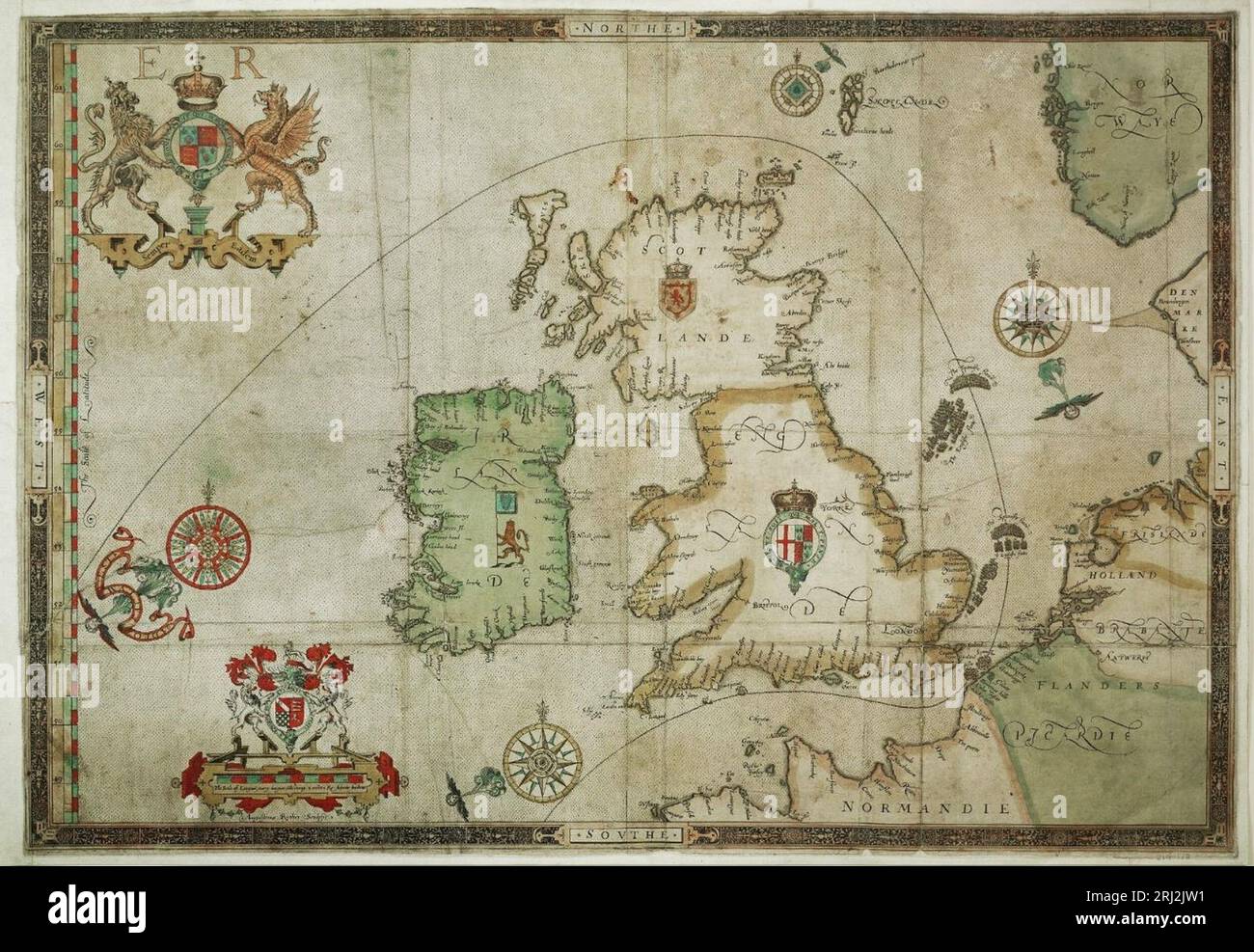 Une carte montrant la route empruntée par l'Armada espagnole en 1588. La flotte espagnole arrive le long des approches occidentales et est engagée au large de Plymouth et de l'île de Wight, avant la bataille finale et la défaite au large de Gravelines en France. Les restes de la flotte espagnole ont continué vers le nord, retournant en Espagne en passant au nord de l'Écosse Banque D'Images