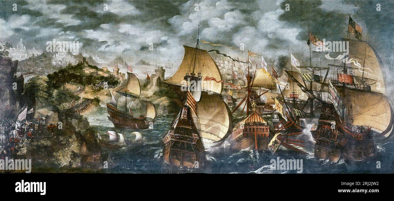 Elizabeth I et l'Armada espagnole appelaient parfois la peinture des apothicaires. C'est une représentation des éléments clés de l'histoire de l'Armada : les balises d'alarme, la reine Elizabeth à Tilbury, et la bataille maritime à Gravelines Banque D'Images