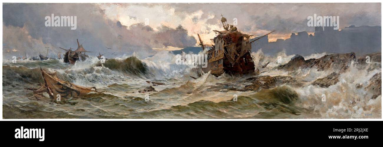 Destruction de l'Invincible Armada par le peintre espagnol Jose Gartner, représentant les épaves de navires espagnols à la dérive dans les vagues Banque D'Images