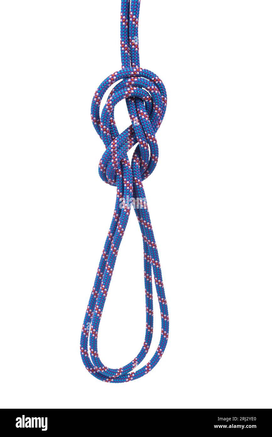 une corde d'escalade bleue nouée sur un fond transparent Banque D'Images