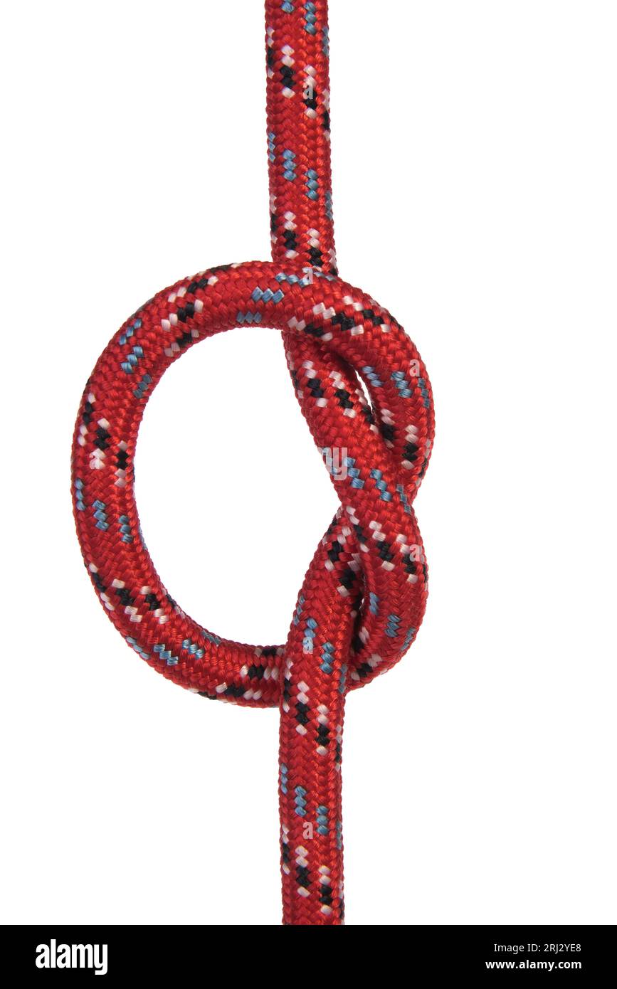 une corde d'escalade rouge nouée sur fond transparent Banque D'Images
