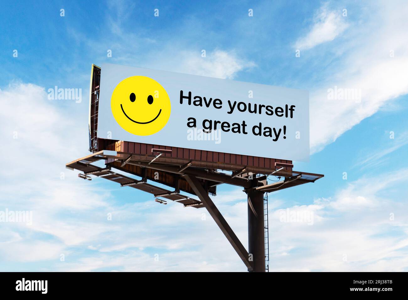 Panneau d'affichage de bord de route avec avertissement pour avoir une bonne journée Banque D'Images