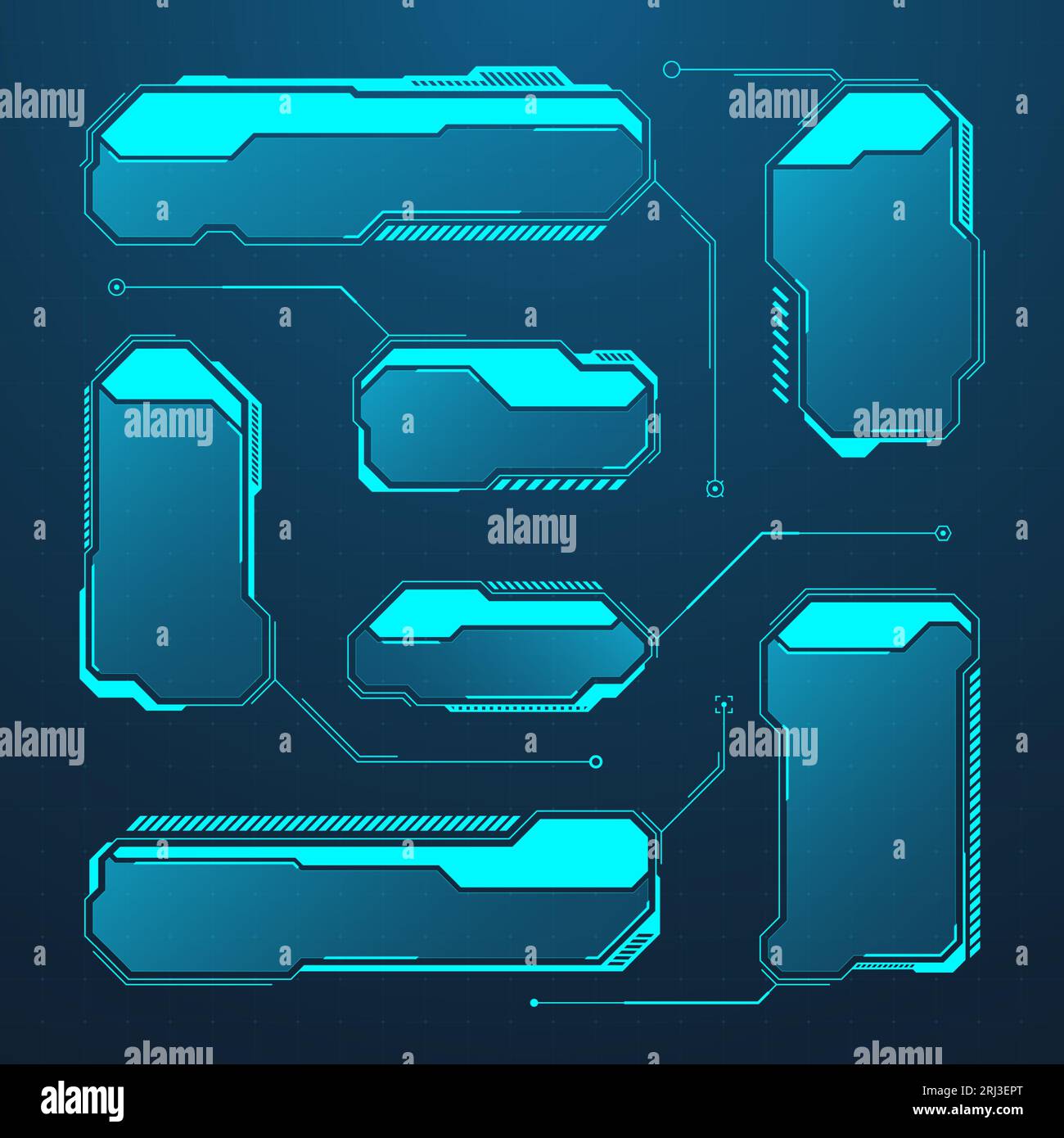 Éléments HUD ou UI futuristes bleus. Zones de texte et légendes de l'interface utilisateur SCI-fi. Cadres de message d'avertissement, modèle de zones d'information. Jeu moderne Illustration de Vecteur