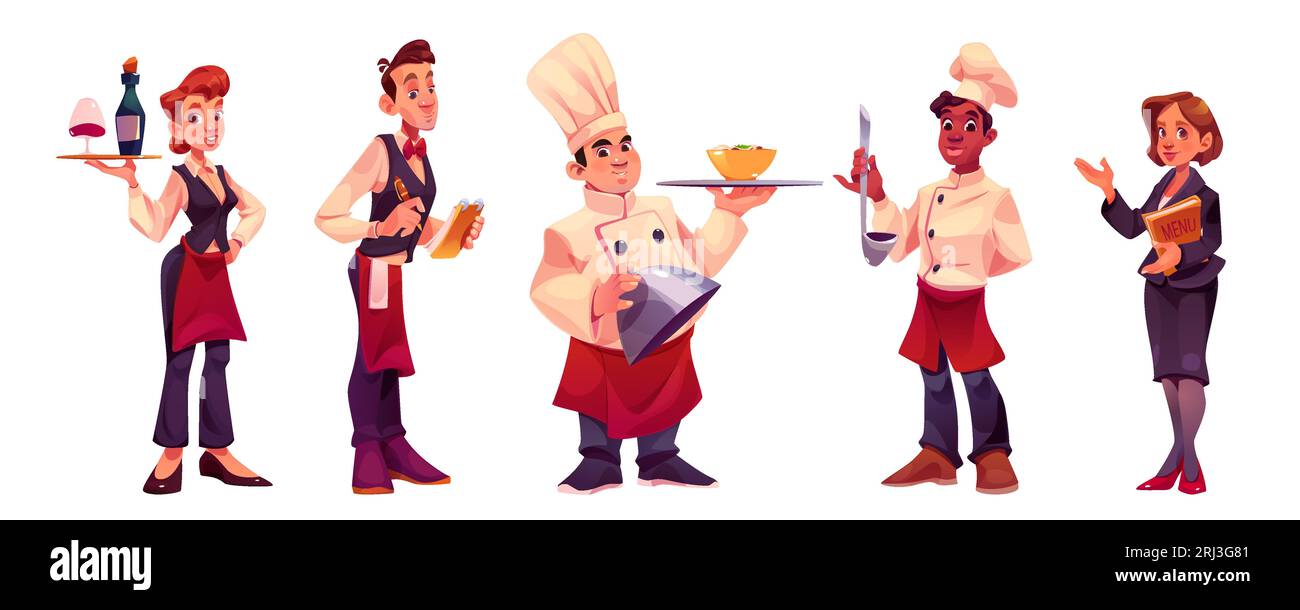 Chef de restaurant, cuisinier et serveur. Personnages de travailleurs de cuisine en tablier et chapeau de chef, personnel de café professionnel, serveuse et gestionnaire avec menu, vecteur c Illustration de Vecteur