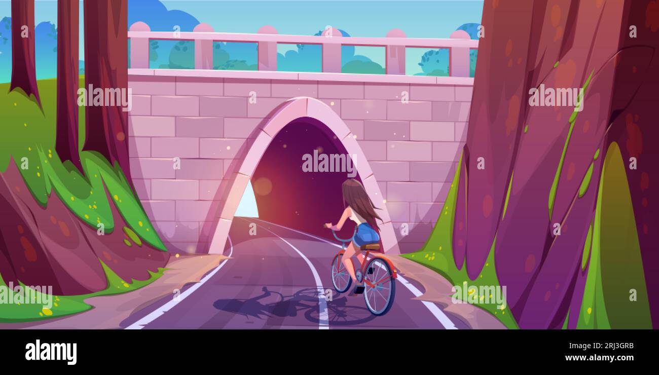 Fille balade à vélo sur le dessin animé de route d'entrée de tunnel. Illustration de la vitesse de circulation de l'autoroute de montagne. Cycle de caractère féminin sur la voie de route souterraine pe Illustration de Vecteur