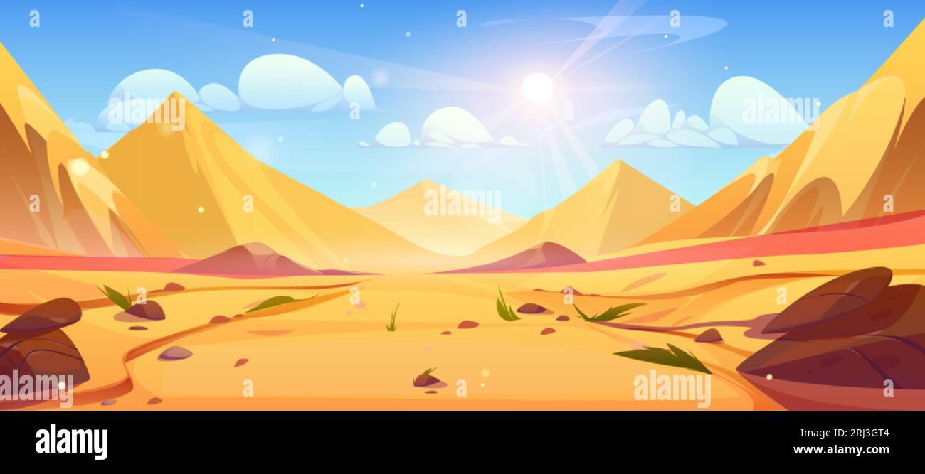 Fond de paysage vectoriel de dessin animé désert de Dubaï vide. Afrique sécheresse sable sol paysage vue panoramique illustration avec collines et terrain de montagne. Illustration de Vecteur