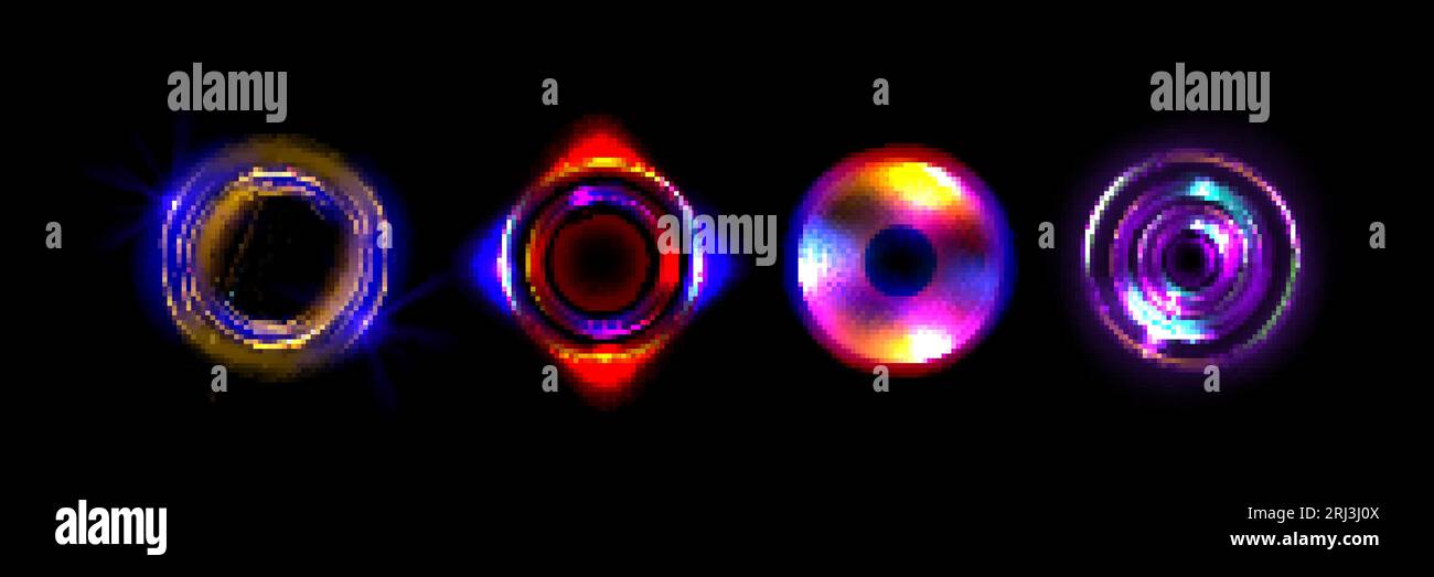 Ensemble de fusées lumineuses rondes isolées sur fond noir. Illustration réaliste vectorielle de cercles de couleur arc-en-ciel avec effet de lueur néon. Énergie radiale vo Illustration de Vecteur