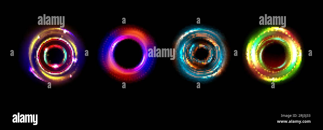 Effets de lumière halo circulaire, anneaux néon de lumière de lentille. Lueur optique radiale abstraite, traces rondes lumineuses de reflets isolés sur fond noir, vec Illustration de Vecteur