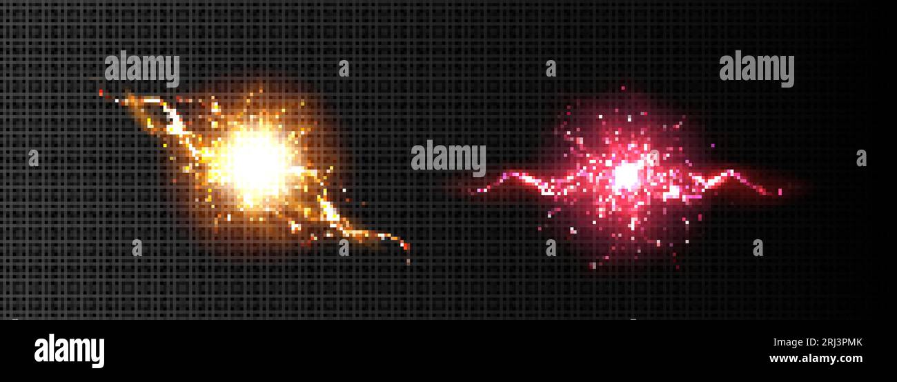 Boules de foudre électriques, effet d'explosion d'énergie avec boulon de lumière. Explosion de puissance abstraite avec des flashs et des étincelles isolés sur fond transparent, Illustration de Vecteur