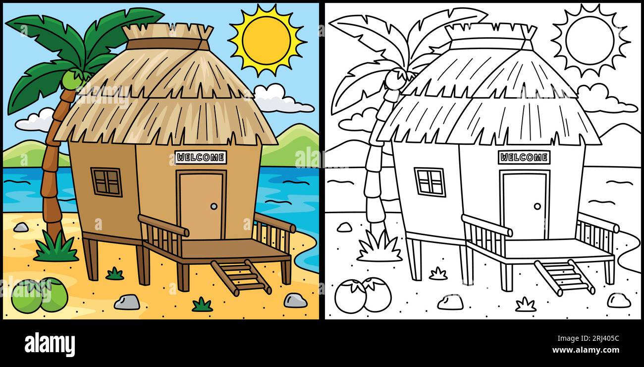 Nipa Hut Summer Coloriage page Illustration colorée Illustration de Vecteur