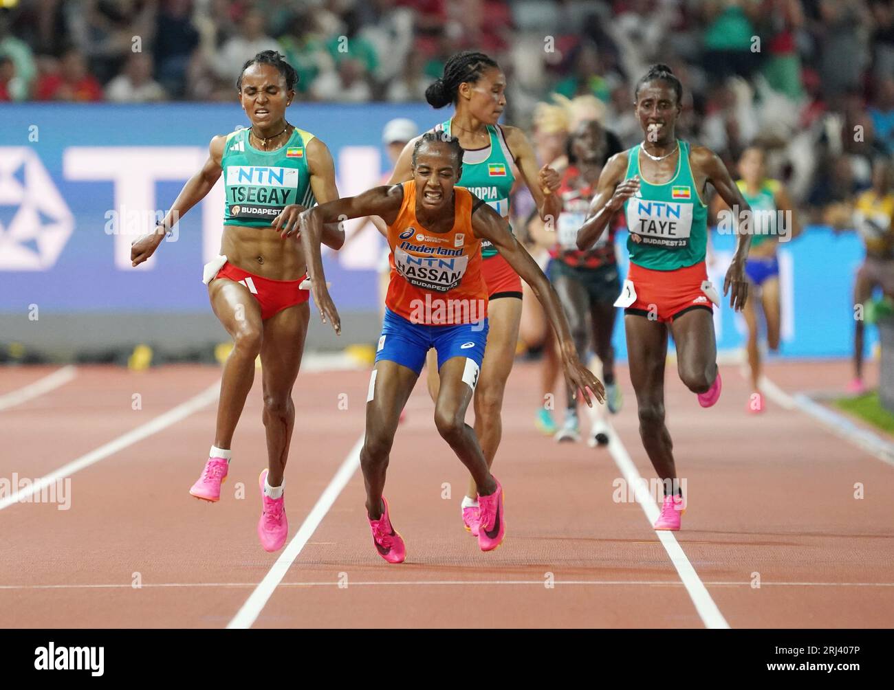 Sifan Hassan (NED) tombe au sol en vue de l'arrivée 10.000m femmes, Gudaf Segay (ETH) gagne l'or, l'argent pour Letesembet Gidey et des brons pour Ejgaehu Taye (ETH) lors de la 19e édition des Championnats du monde d'athlétisme au Centre national d'athlétisme de Budapest, Hongrie photo SCS/Soenar Chamid/AFLO (HOLLAND OUT) Banque D'Images