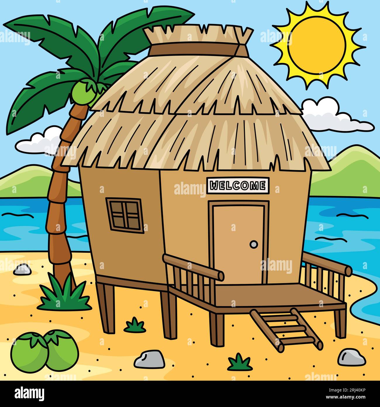 Nipa Hut Summer Colored Cartoon Illustration Illustration de Vecteur