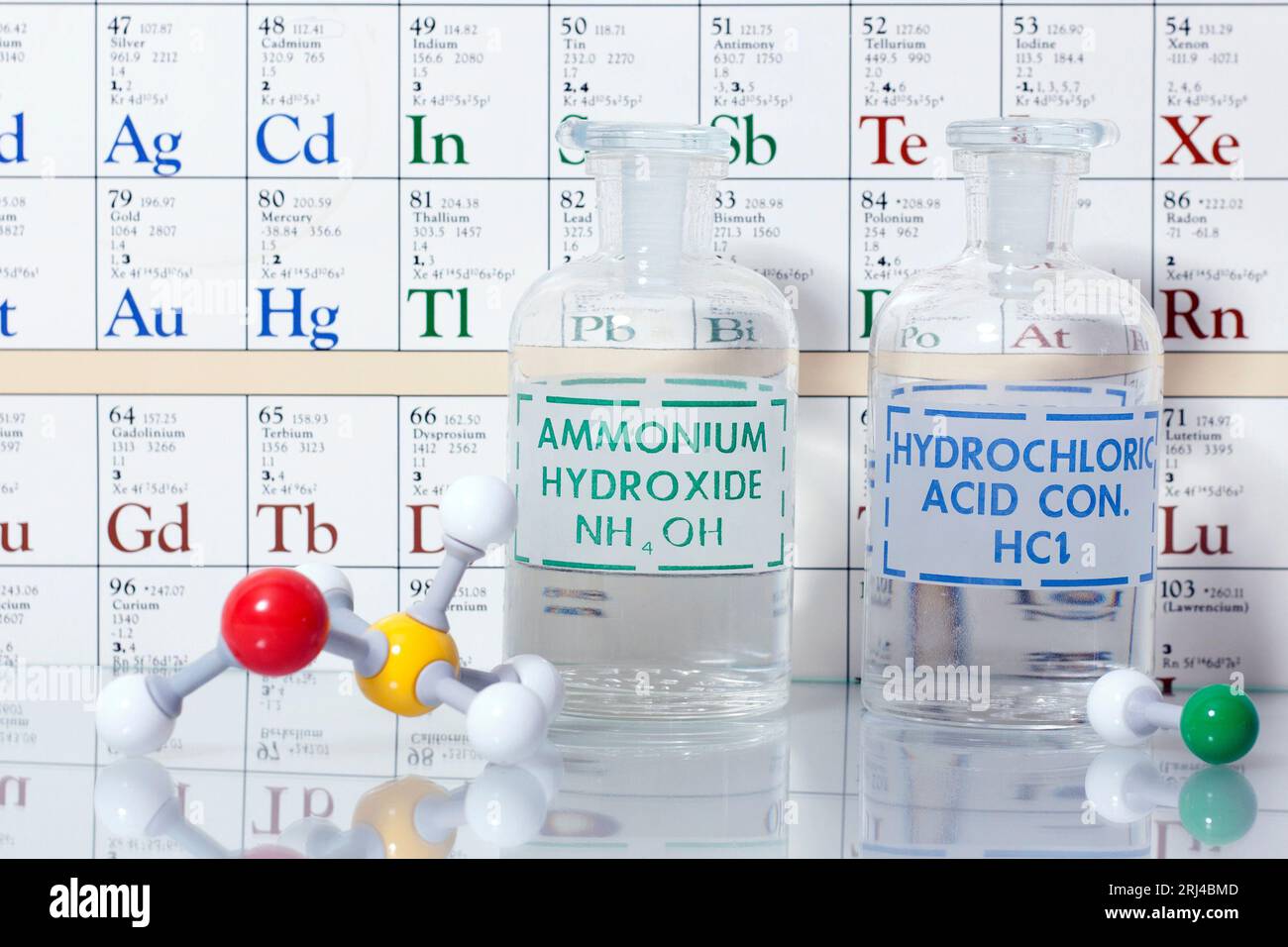 Gros plan de deux flacons en verre de solutions acides et basiques avec structures. Banque D'Images