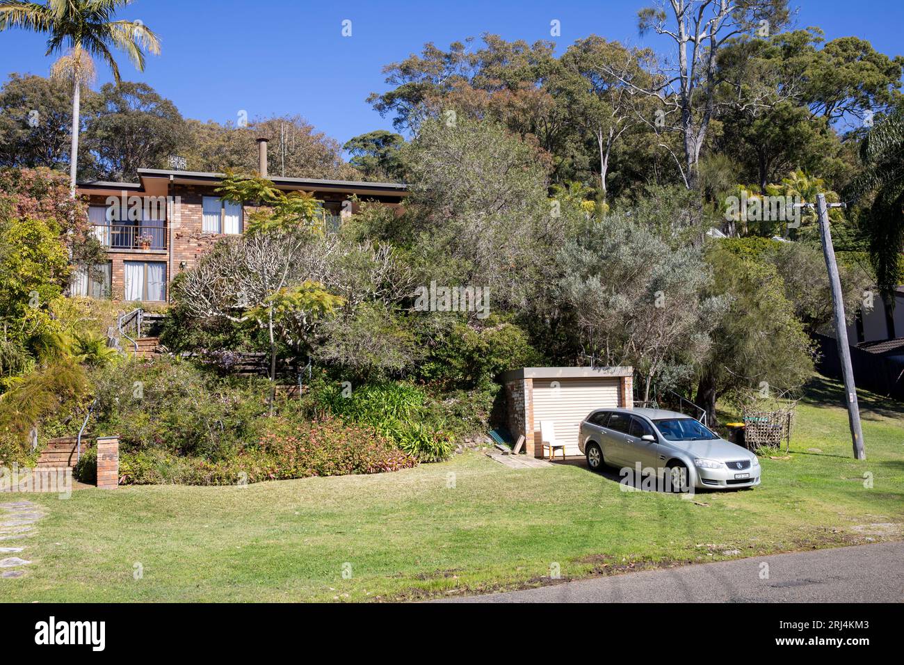 Grande maison australienne indépendante avec jardin vert luxuriant le jour d'hivers bleu ciel, Avalon Beach, Sydney, Australie Banque D'Images
