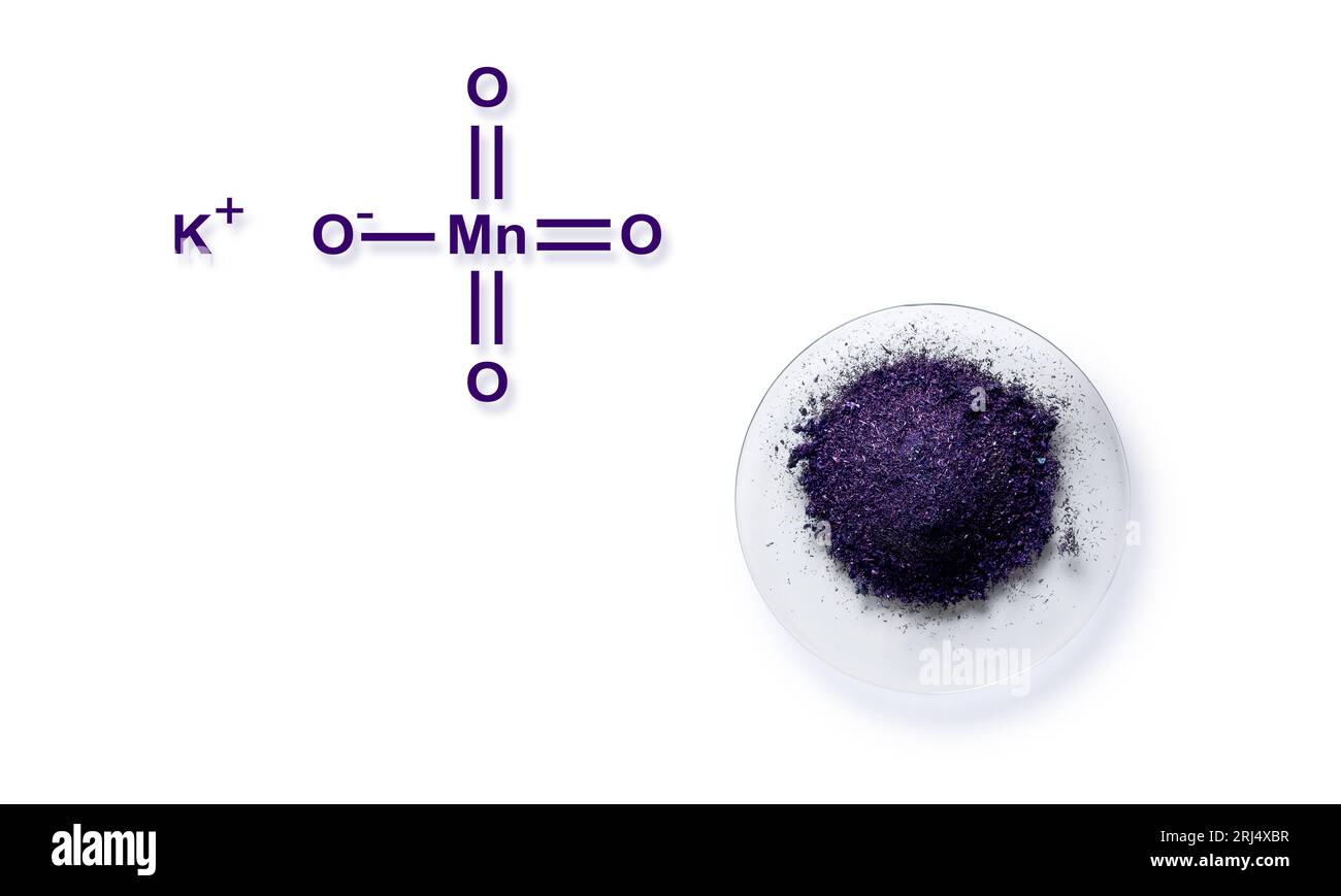 Permanganate de potassium (KMnO4) de structure chimique , un composé chimique courant qui combine le minerai d'oxyde de manganèse avec l'hydroxyde de potassium. Banque D'Images