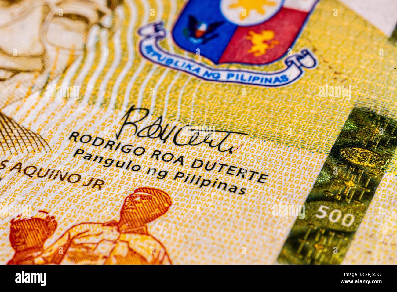 Face avant du billet de 500 peso des Philippines. 500 Peso philippin. Monnaie de l'état de l'île. Gros plan extrême de cinq cents peso. Microscopique Banque D'Images