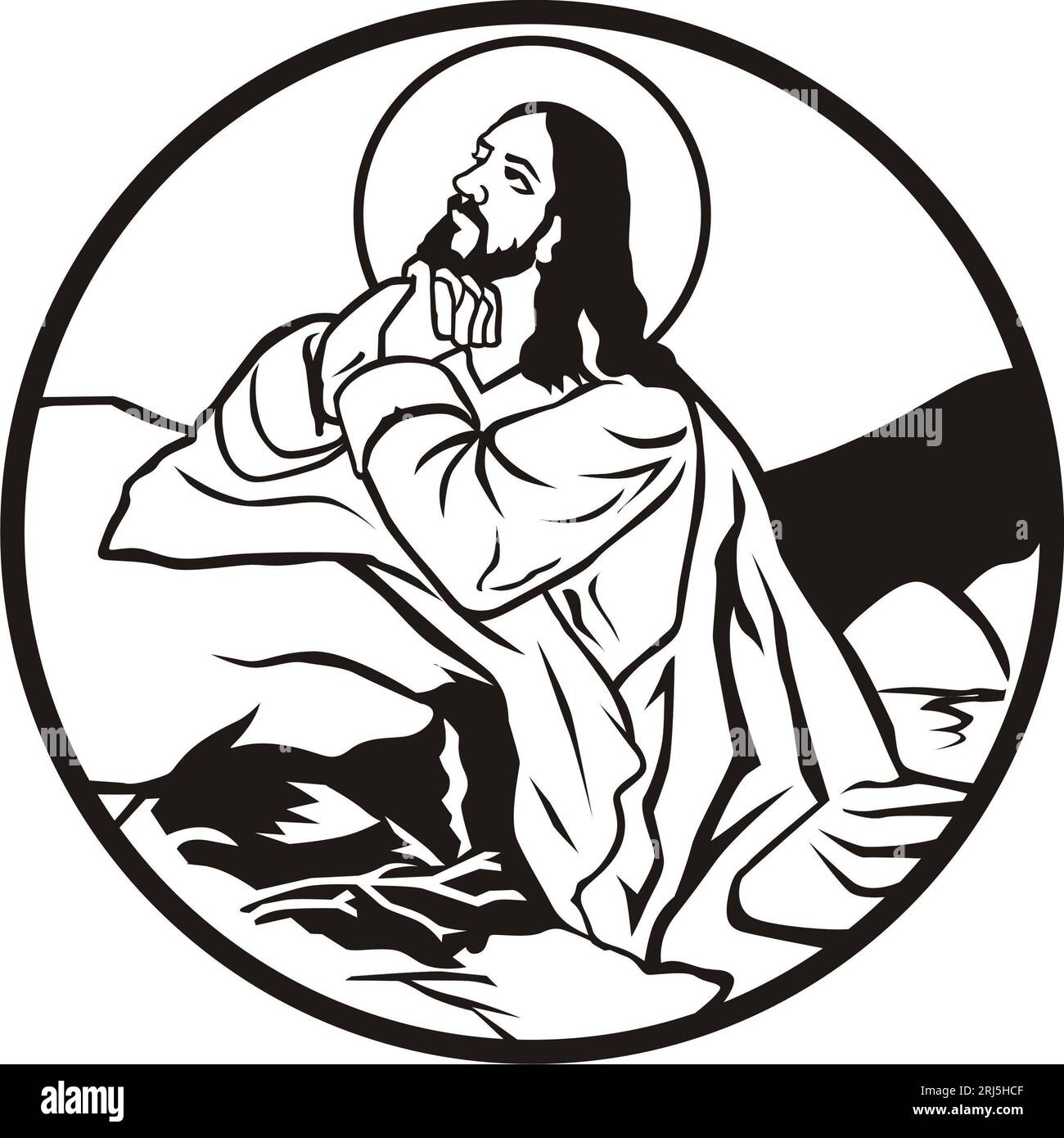 Une illustration de Jésus-Christ priant dans un désert en niveaux de gris Banque D'Images