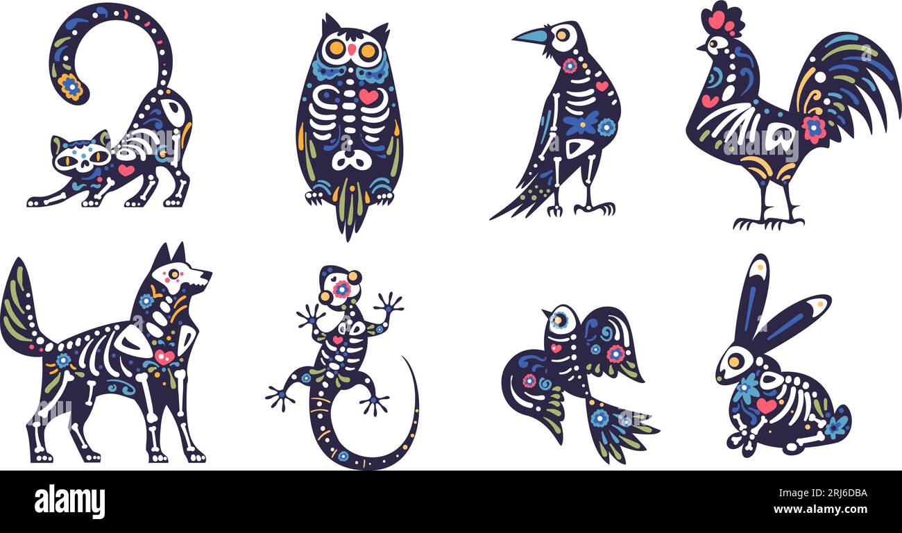 Animaux morts mexicains. Squelette animal décoration pour muertos jour latin ou halloween célébrant, mexique art crâne de chien chat lézard corbeau hibou effrayant animal de compagnie, illustration vectorielle classe Illustration de Vecteur