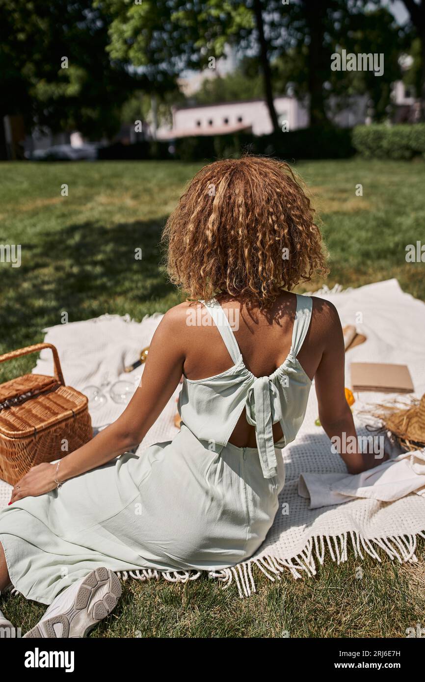 vue arrière de la jeune femme afro-américaine assise sur une couverture près du panier de paille dans le parc Banque D'Images