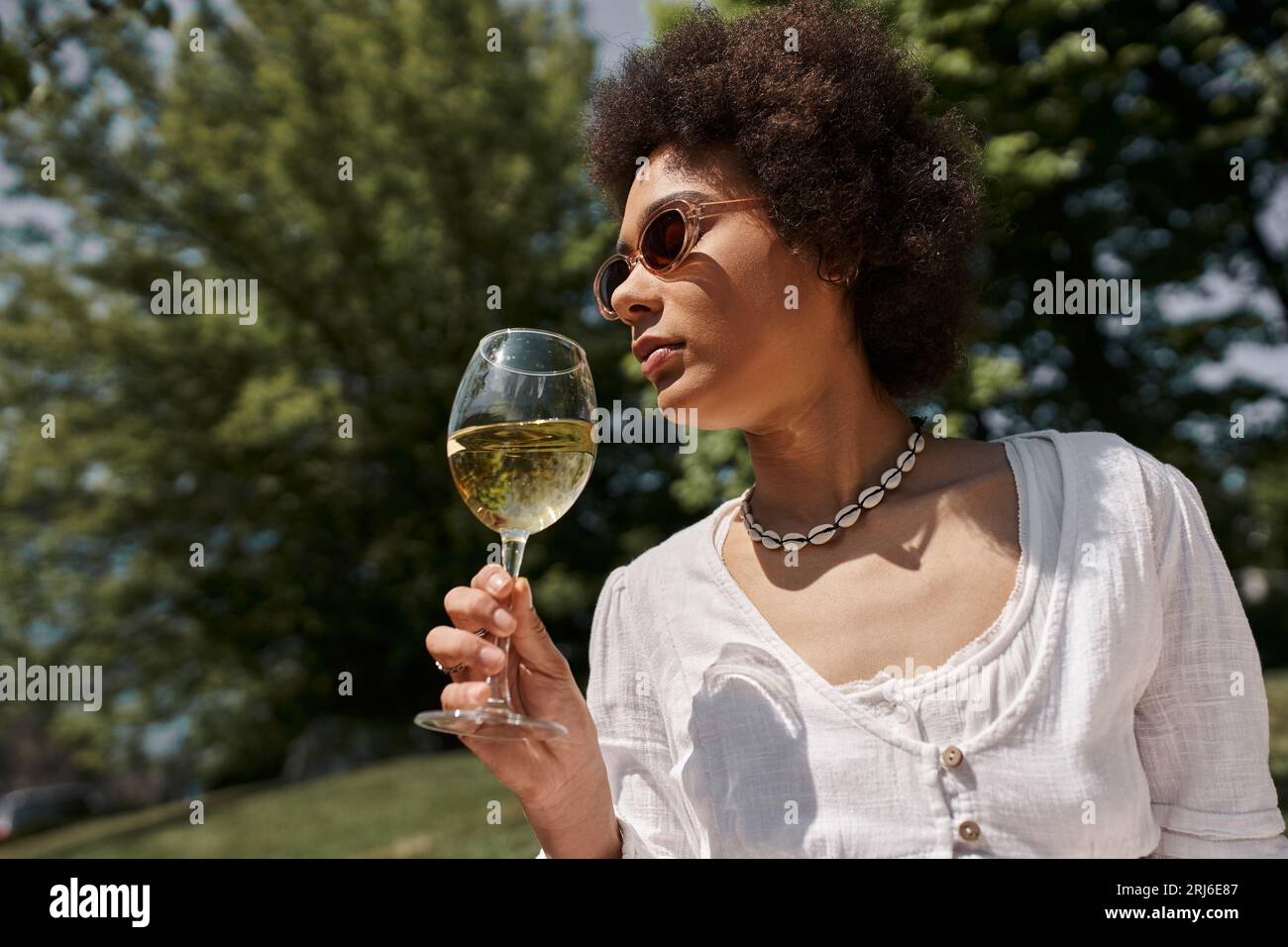 femme afro-américaine branchée dans des lunettes de soleil buvant du vin sur le pique-nique dans le parc Banque D'Images