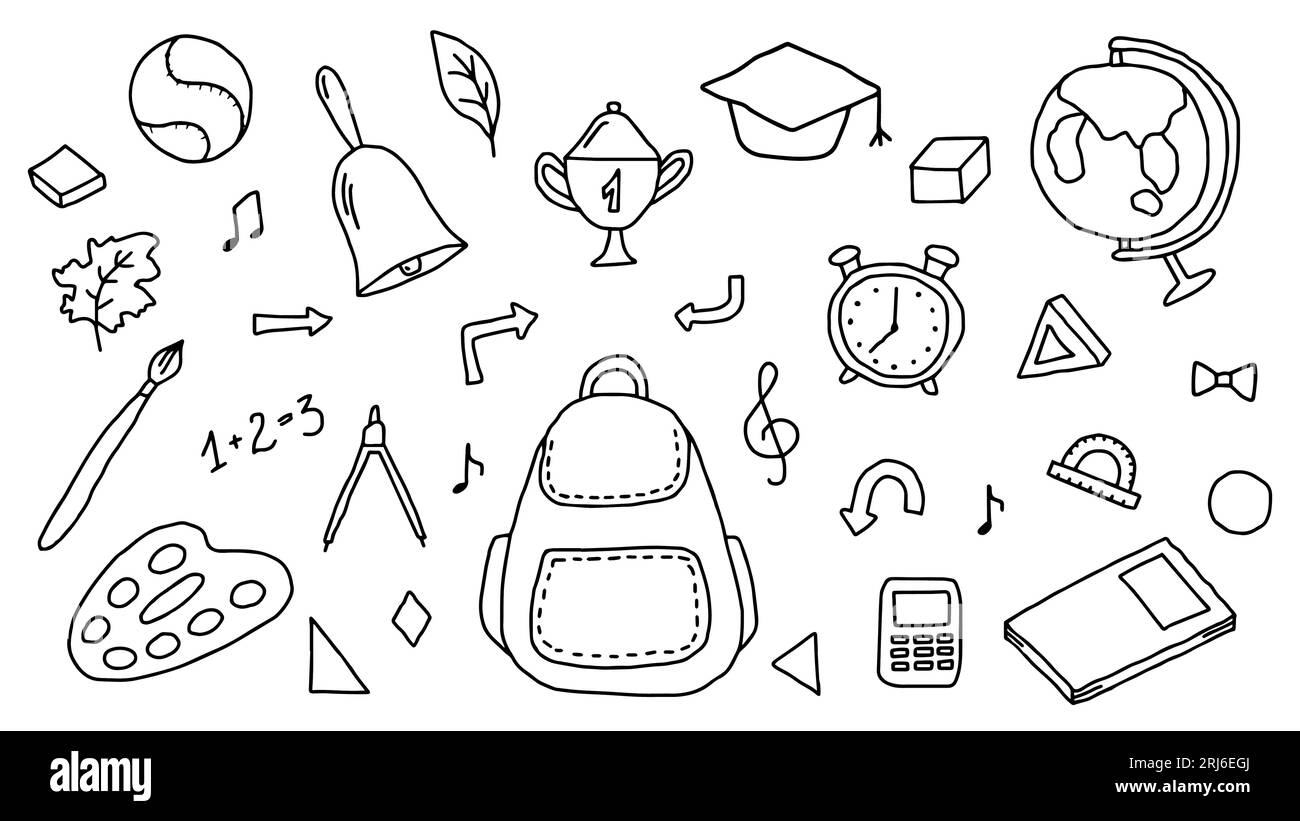 Doodle ensemble de fournitures scolaires. Illustration du contour en noir et blanc. Vecteur isolé. Retour à l'école. Temps étudiant. Formation, éducation, gain de chouette Illustration de Vecteur