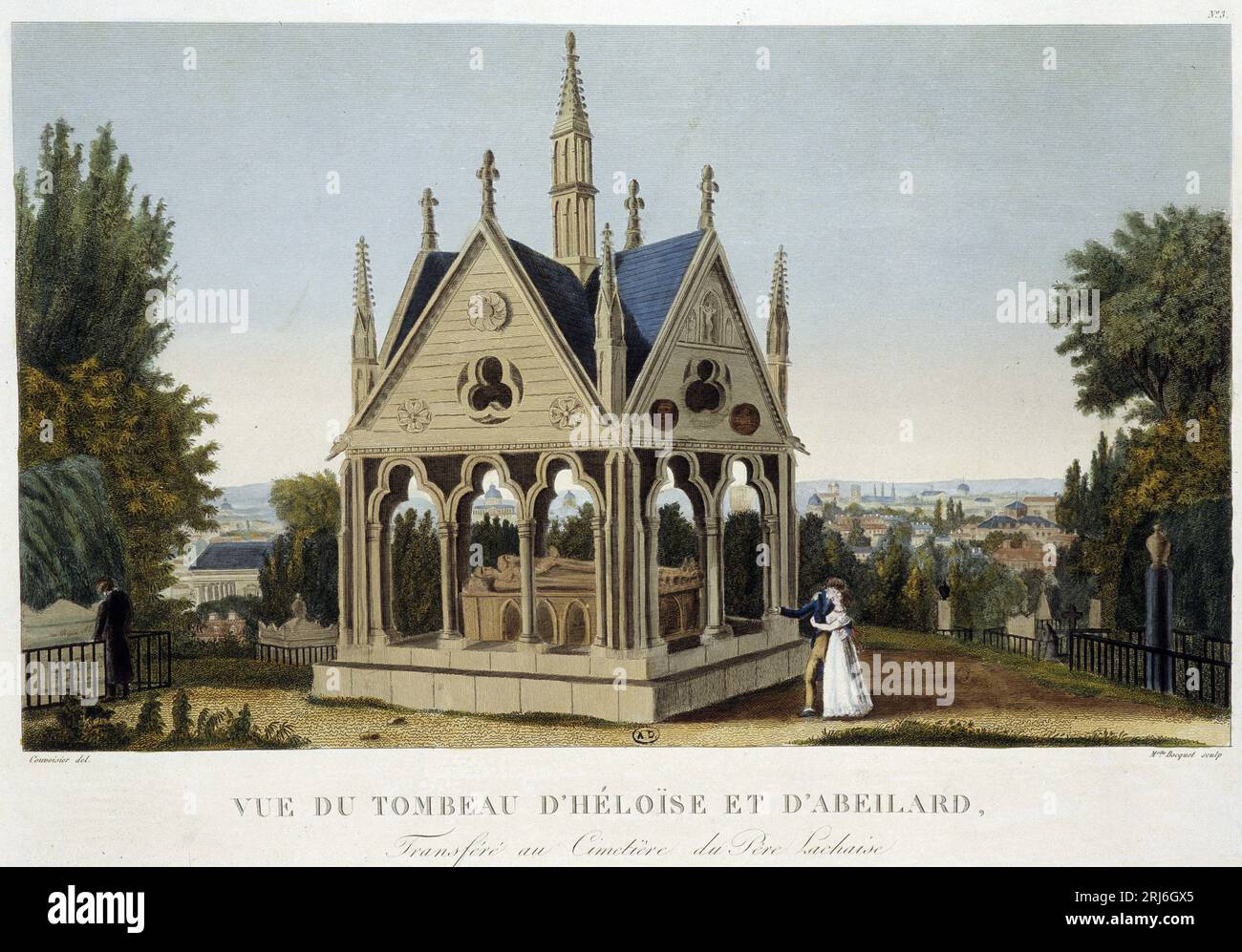 Tombeau d'Heloïse et Abelard au Père Lachaise, vers 1820 - in 'vues de Paris' de Courvoisier, 1827 Banque D'Images