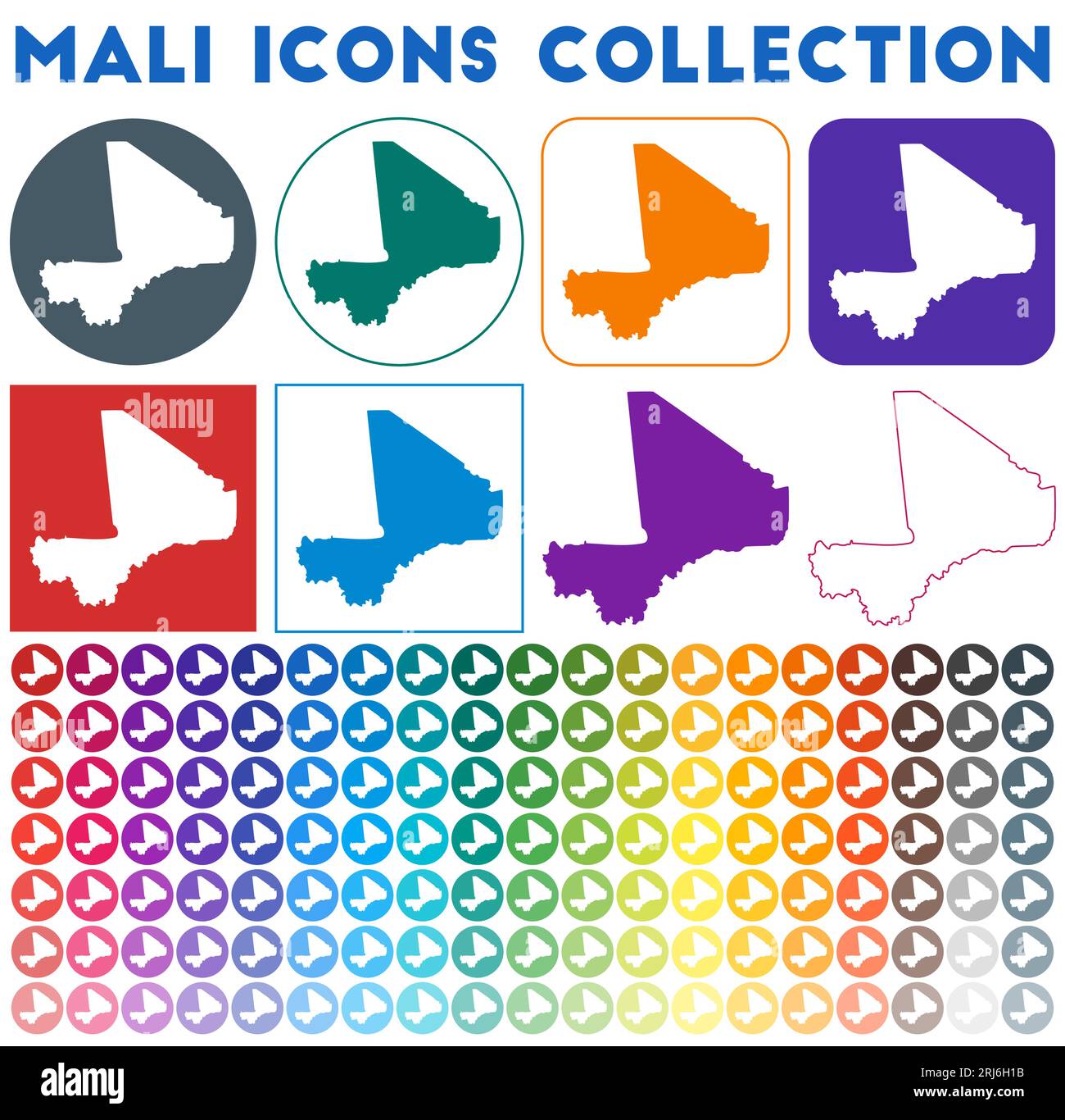 Collection d'icônes Mali. Icônes de cartes tendance colorées et lumineuses. Badge Mali moderne avec carte du pays. Illustration vectorielle. Illustration de Vecteur
