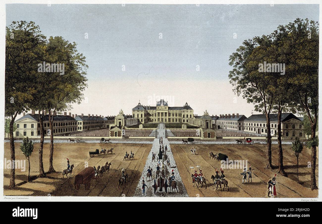 Vue de l'Ecole royale militaire, vue de l'avenue Vaugirard, vers 1820 - dans 'Vues de Paris' de Courvoisier, 1827 Banque D'Images