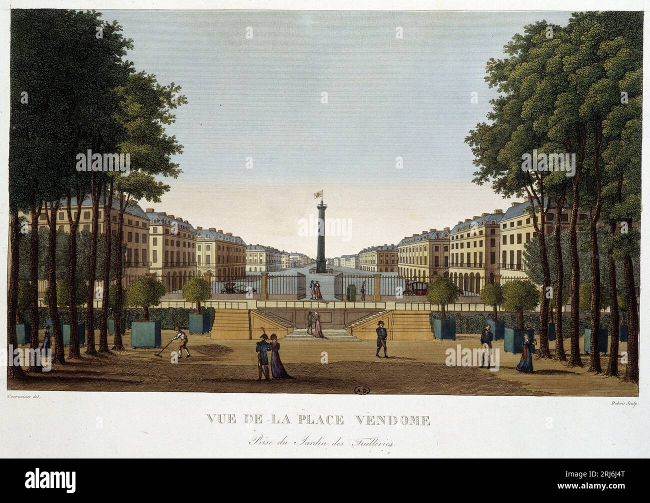 La place VendÙme, vue d'un jardin - Paris par Courvoisier, 1827 Banque D'Images