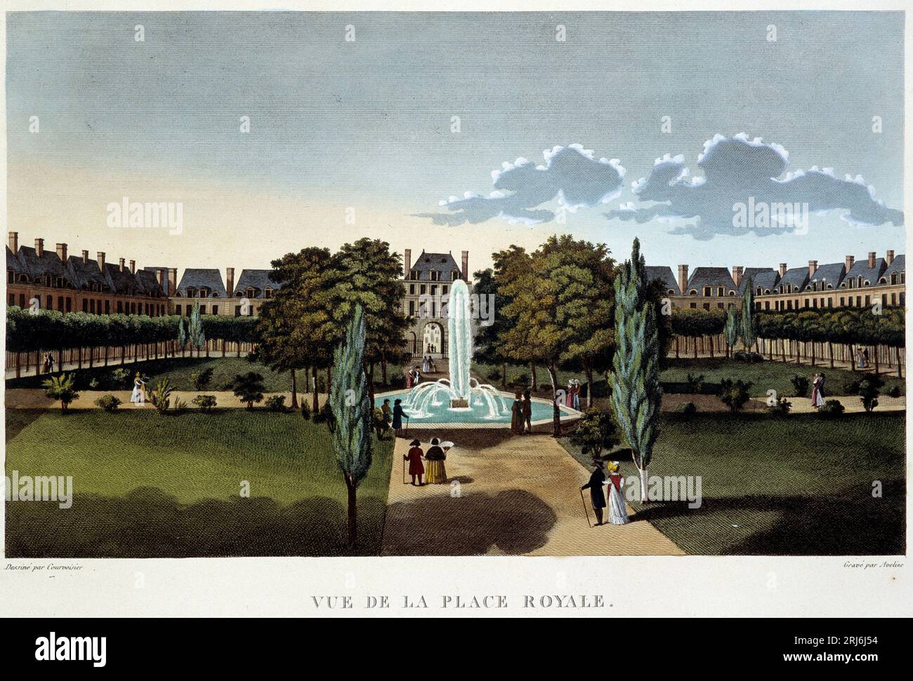 Vue de la place royale (place des Vosges) - Paris par Courvoisier, 1827 Banque D'Images
