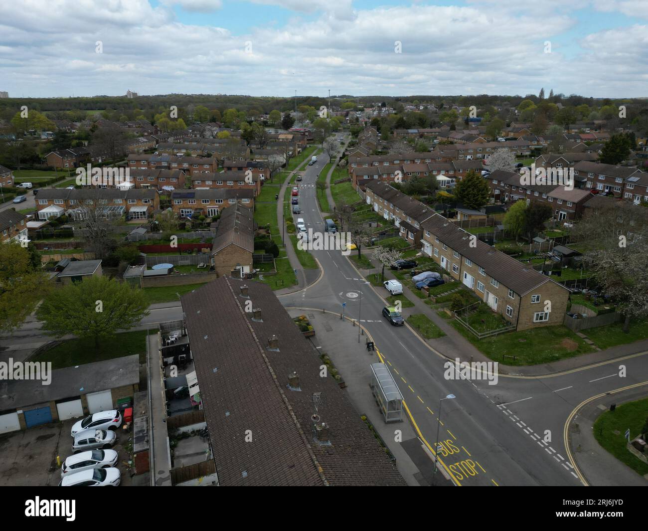 Une vue aérienne d'un quartier résidentiel à Stevenage, en Angleterre. Banque D'Images