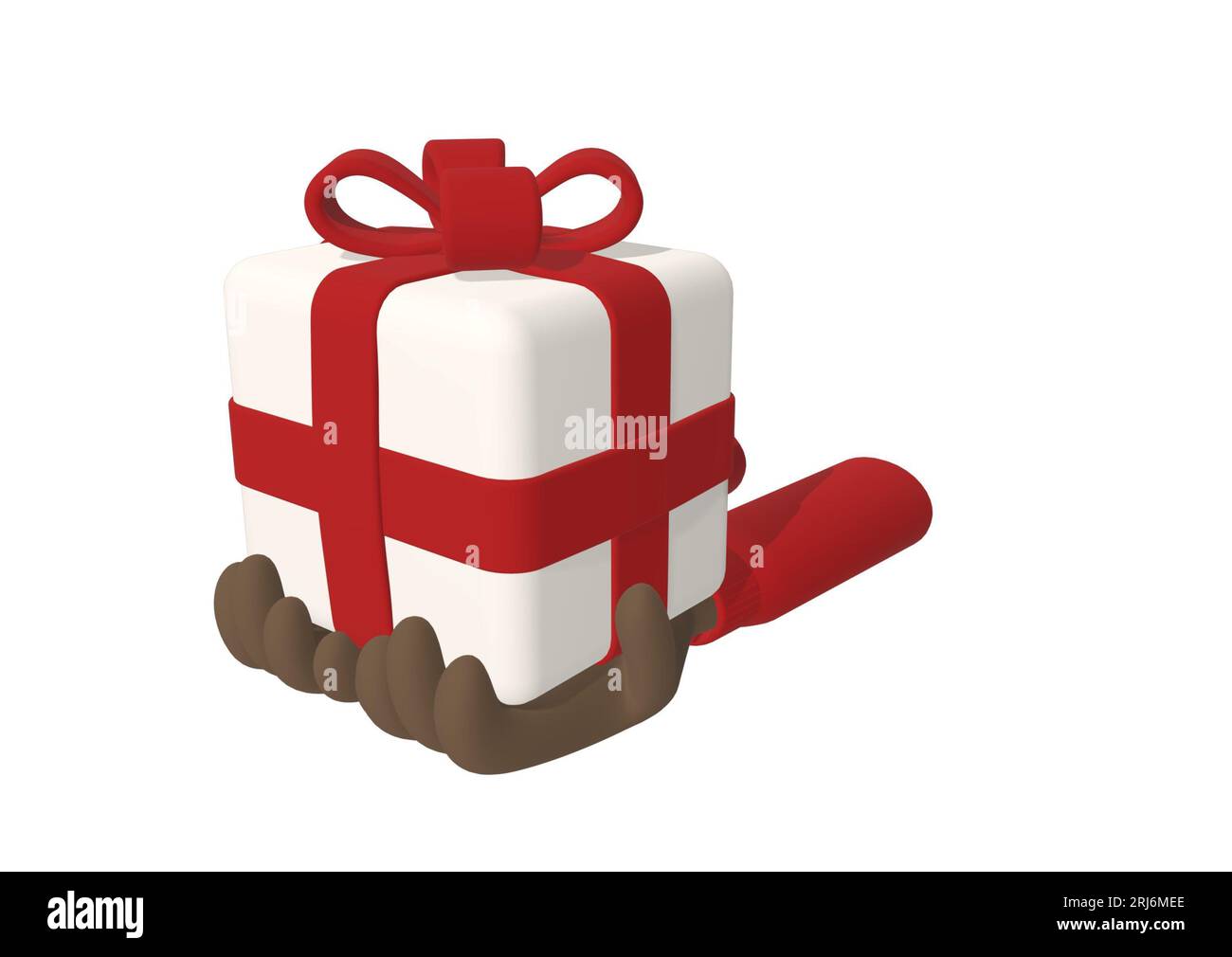 Les mains tenant une boîte cadeau blanche avec un ruban rouge isolé sur un fond blanc. rendu 3d. Banque D'Images