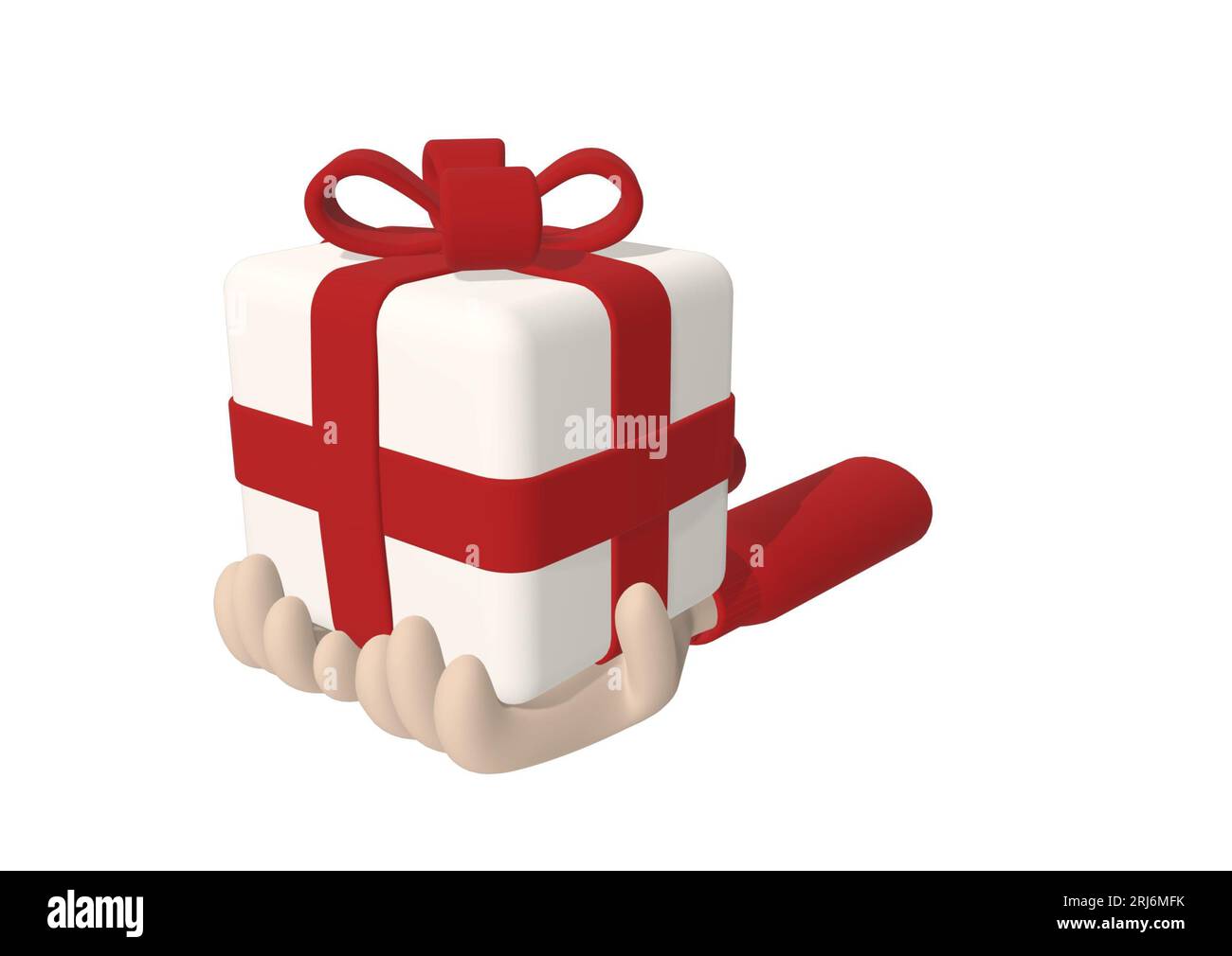 Les mains tenant une boîte cadeau blanche avec un ruban rouge isolé sur un fond blanc. rendu 3d. Banque D'Images