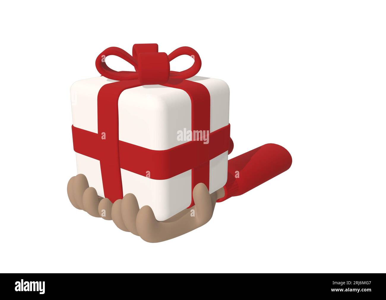 Les mains tenant une boîte cadeau blanche avec un ruban rouge isolé sur un fond blanc. rendu 3d. Banque D'Images