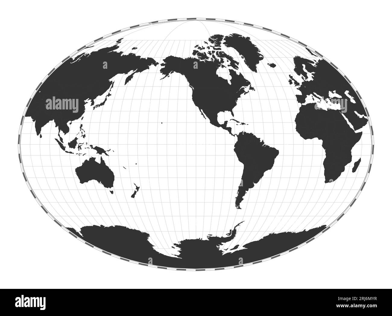 Carte du monde vectorielle. Projection pseudocylindricale de Fahey. Carte géographique du monde simple avec des lignes de latitude et de longitude. Centré sur une longitude de 120 deg E. Illustration de Vecteur