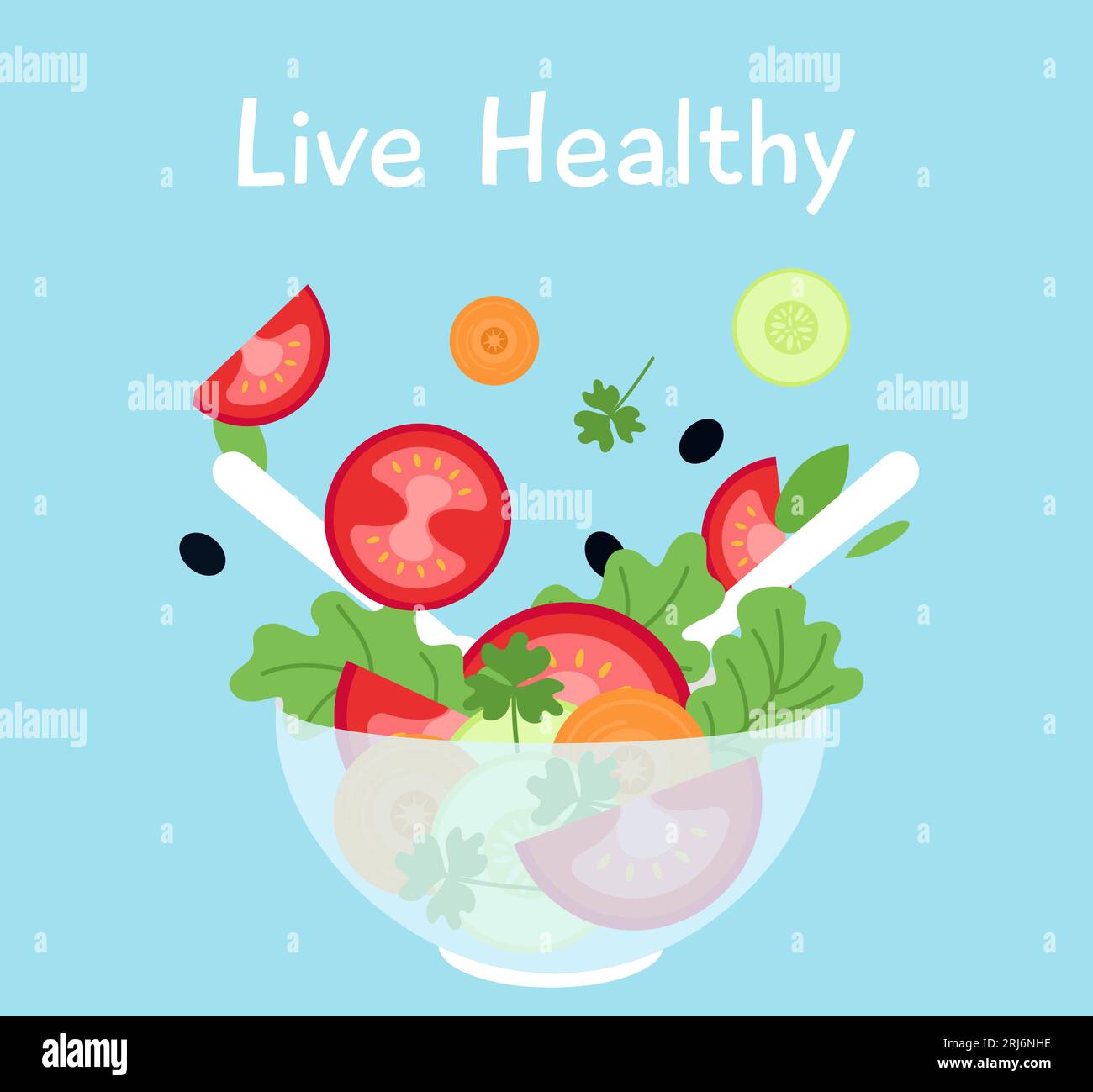 Affiche de nourriture diététique avec saladier de légumes et couverts. Déjeuner ou dîner végétarien sain. Tomates, concombre coupé et vert, carte vectorielle décente Illustration de Vecteur