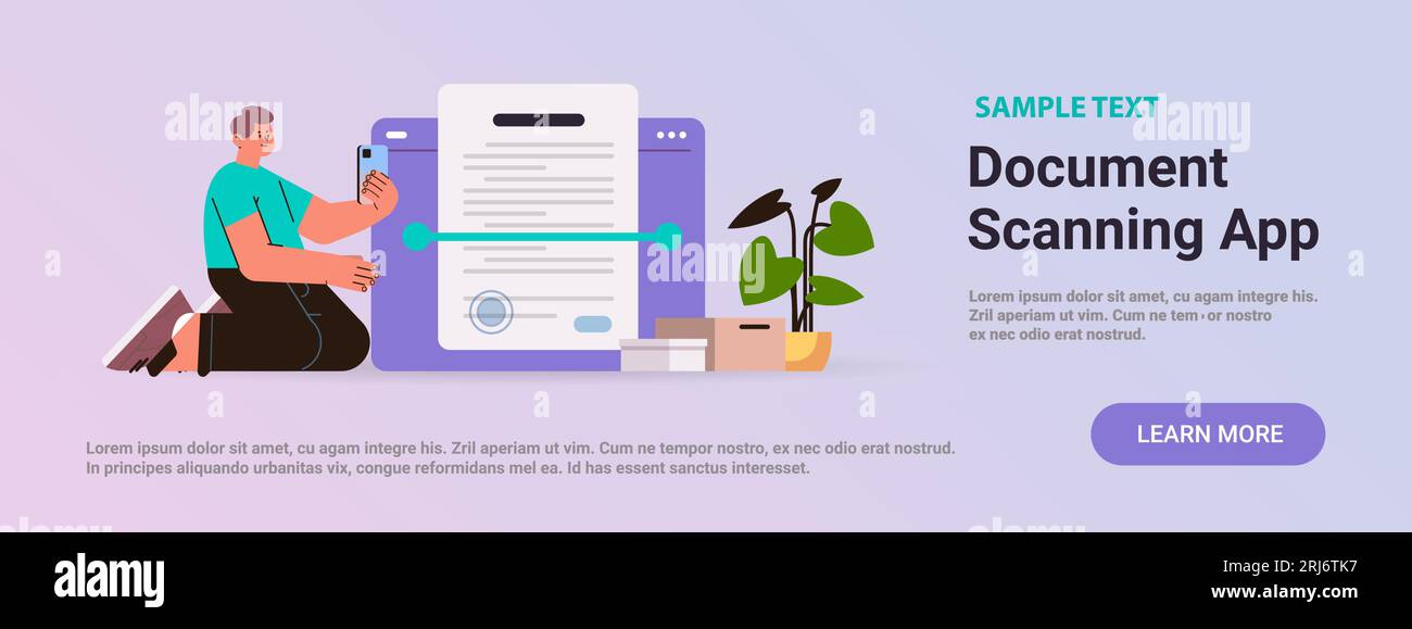homme numérisant un document dans l'espace de copie horizontal du concept de reconnaissance de texte d'application mobile Illustration de Vecteur