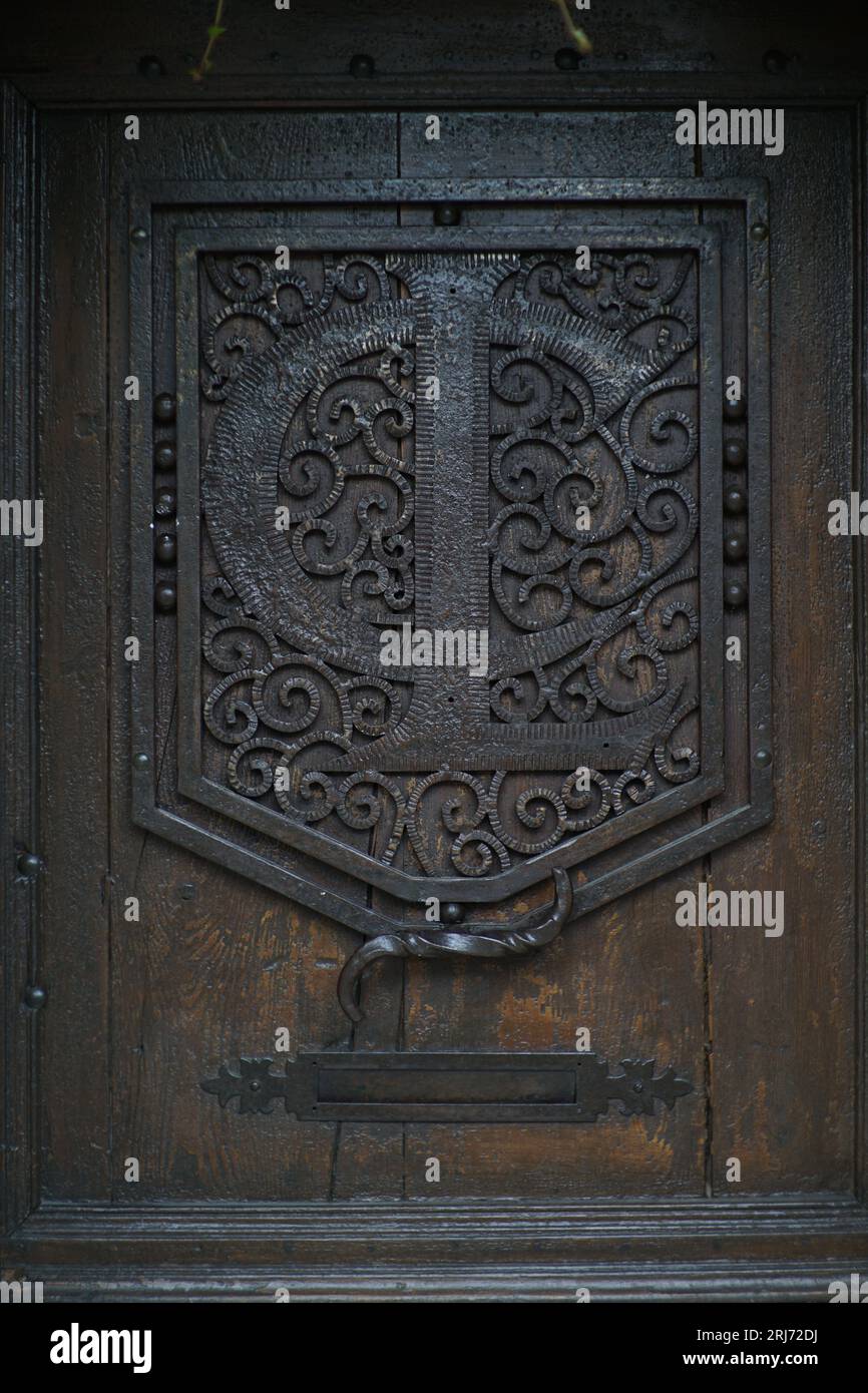 Une porte en bois ornée avec des volutes complexes et des détails de vigne Banque D'Images