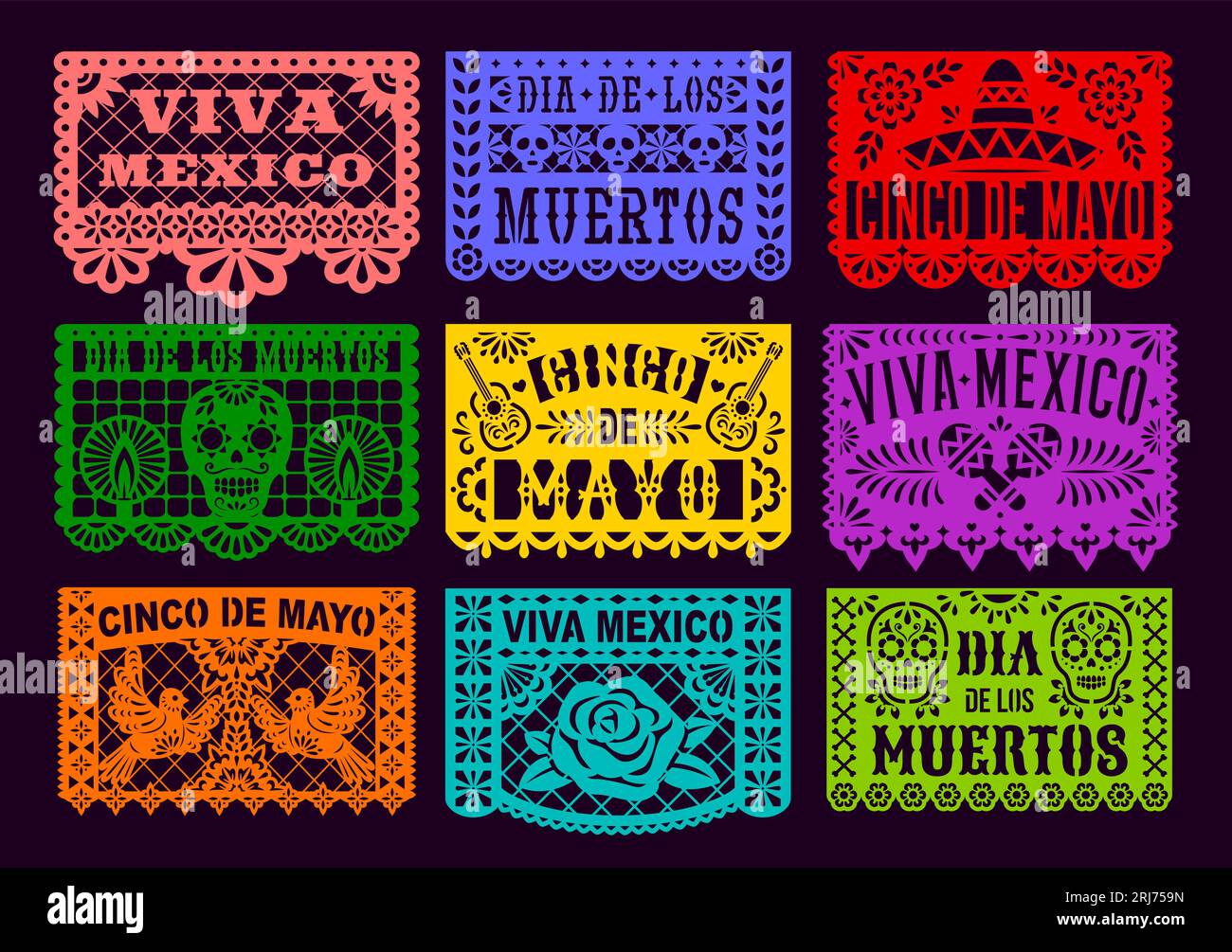 Papel mexicain picado papier découpé drapeaux de vacances. Cinco de mayo, jour des morts, viva Mexico. Bannières de décoration traditionnelles de découpe laser de vecteur avec fl Illustration de Vecteur