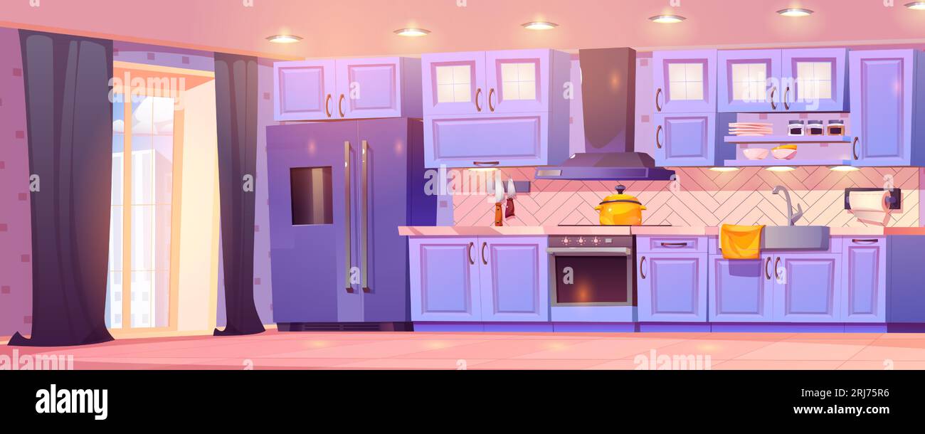 Illustration de dessin animé de design d'intérieur de cuisine à la maison avec des meubles modernes confortables. Pot sur la cuisinière, couteau sur le mur et ustensiles de cuisine dans le placard. Vue sur la ville depuis la fenêtre avec rideau et lumière du soleil dans la pièce vide Illustration de Vecteur