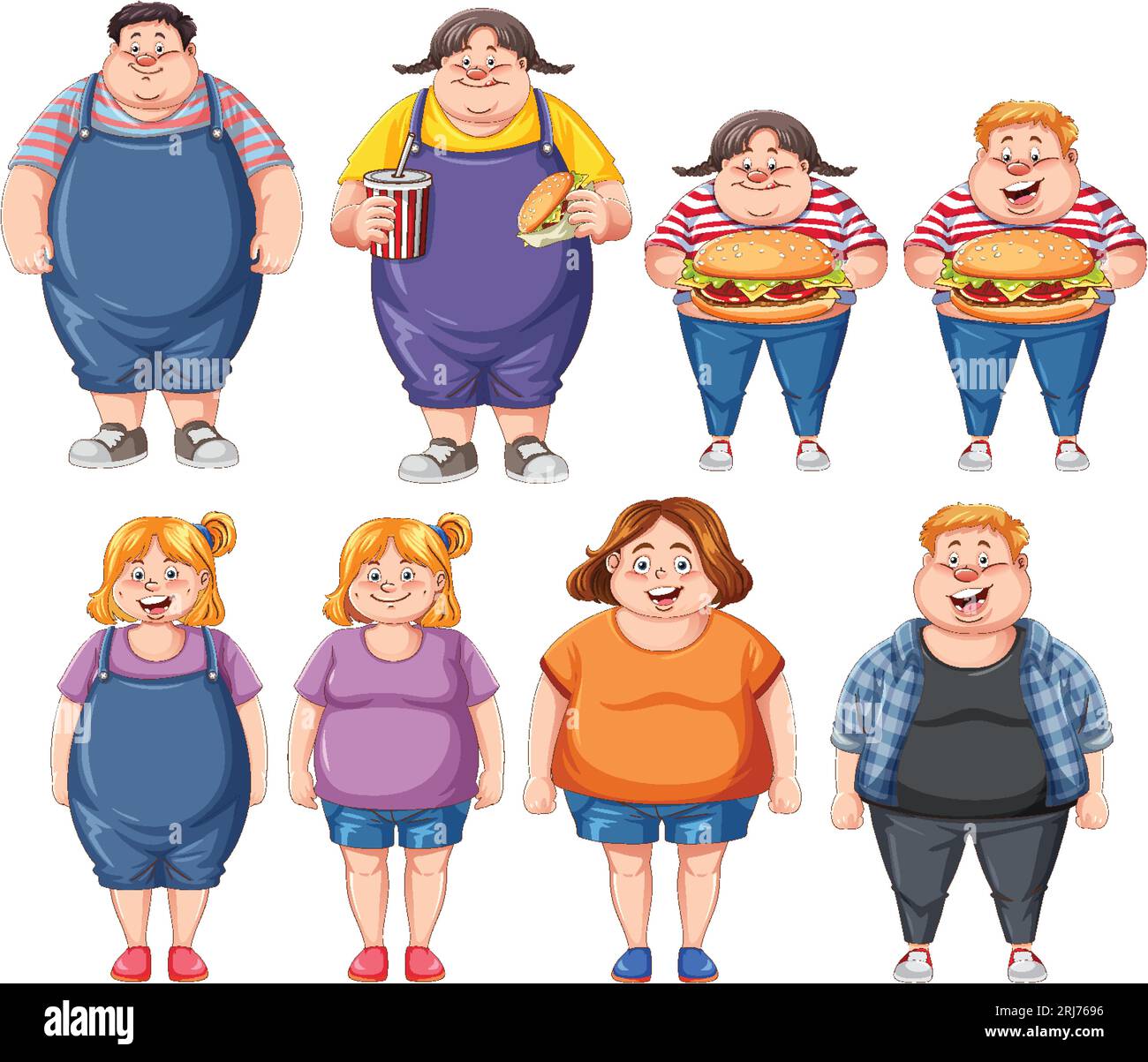 Un groupe d'hommes et de femmes représentés comme des personnages de dessins animés, s'engageant dans des habitudes alimentaires malsaines Illustration de Vecteur