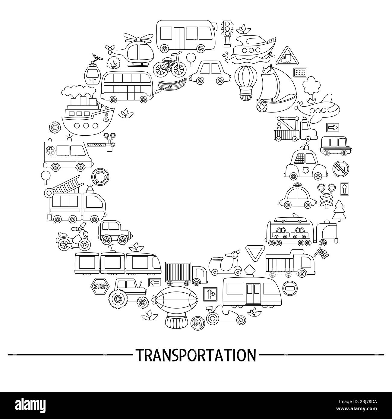 Vecteur cadre rond de transport noir et blanc avec bus, voiture, bateau, camion. Conception de modèle de carte de ligne avec transport pour bannières, invitations. Mignon Illustration de Vecteur