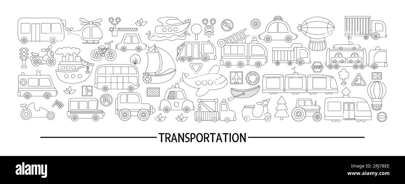 Vecteur noir et blanc ensemble horizontal de transport avec différents types de transport. Modèle de carte de voyage de ligne ou conception de cadre pour bannières, invi Illustration de Vecteur