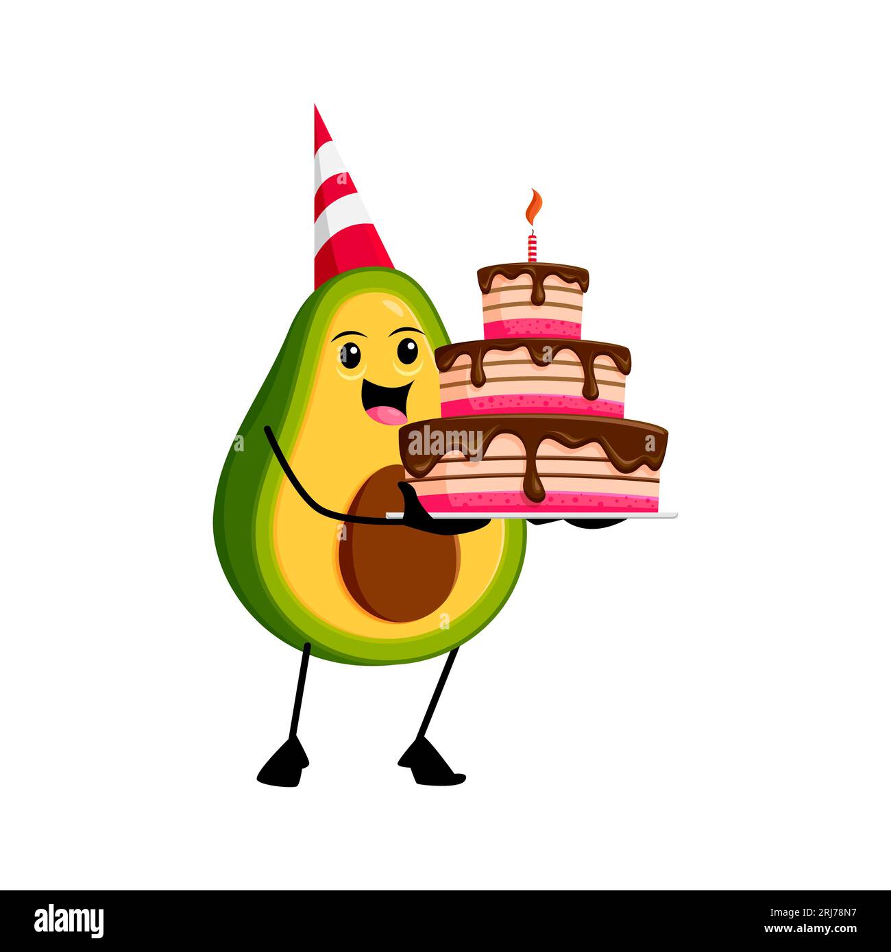 Dessin animé drôle personnage d'avocat mexicain avec tarte de vacances, portant un chapeau de fête. Personnage de fruits tropicaux vecteur ludique et délicieux célébrant un anniversaire ou une occasion spéciale et apportant de la joie à l'événement Illustration de Vecteur