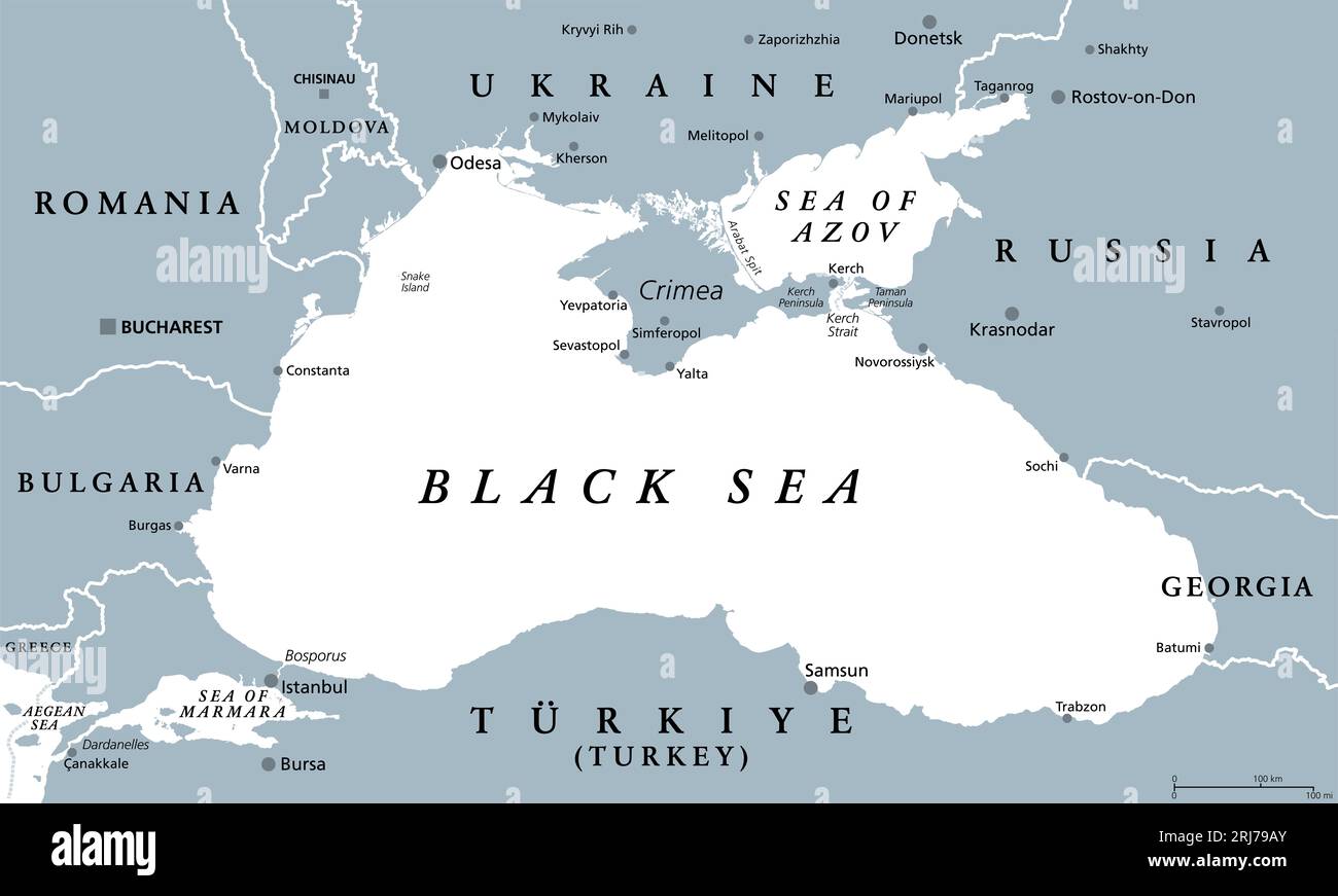 Région de la mer Noire, carte politique grise. Mer méditerranée marginale de l'océan Atlantique, entre l'Europe et l'Asie. Avec la Crimée et la mer d'Azov. Banque D'Images