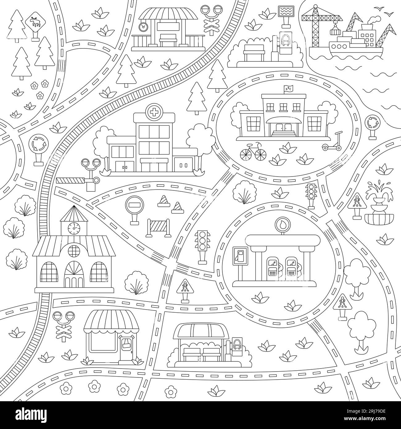 Carte des transports en noir et blanc de la ville. Fond de ligne carrée avec chemin de fer, routes, panneaux de signalisation pour les enfants. Éléments infographiques vectoriels avec train, voitures, Illustration de Vecteur