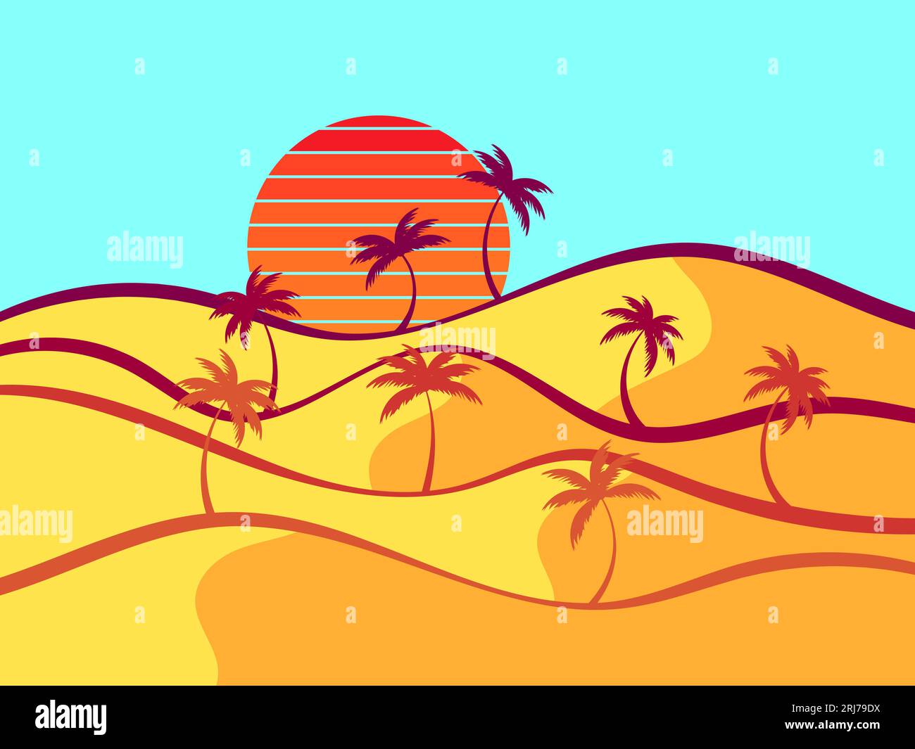 Paysage désertique avec palmiers et dunes de sable. Lever du soleil dans le désert, dunes de sable avec silhouettes de palmiers. Design pour l'impression, les bannières et les posts Illustration de Vecteur