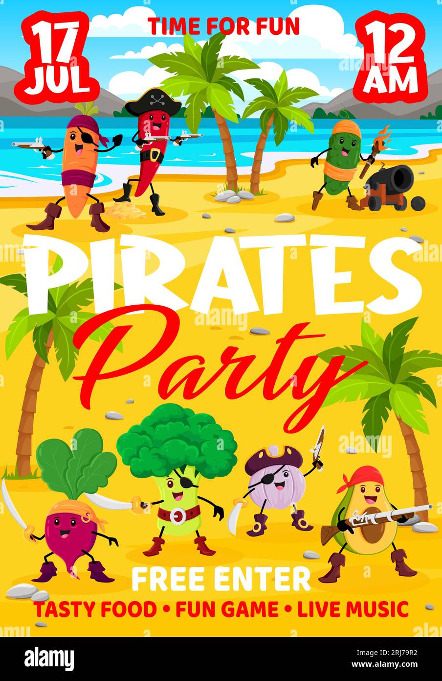 Dépliant fête pour enfants. Pirates de légumes de dessin animé et personnages de corsaires sur l'affiche vectorielle de l'île au Trésor avec des personnages mignons de carotte de ferme fraîche, poivre, concombre et ail pirates et marins Illustration de Vecteur