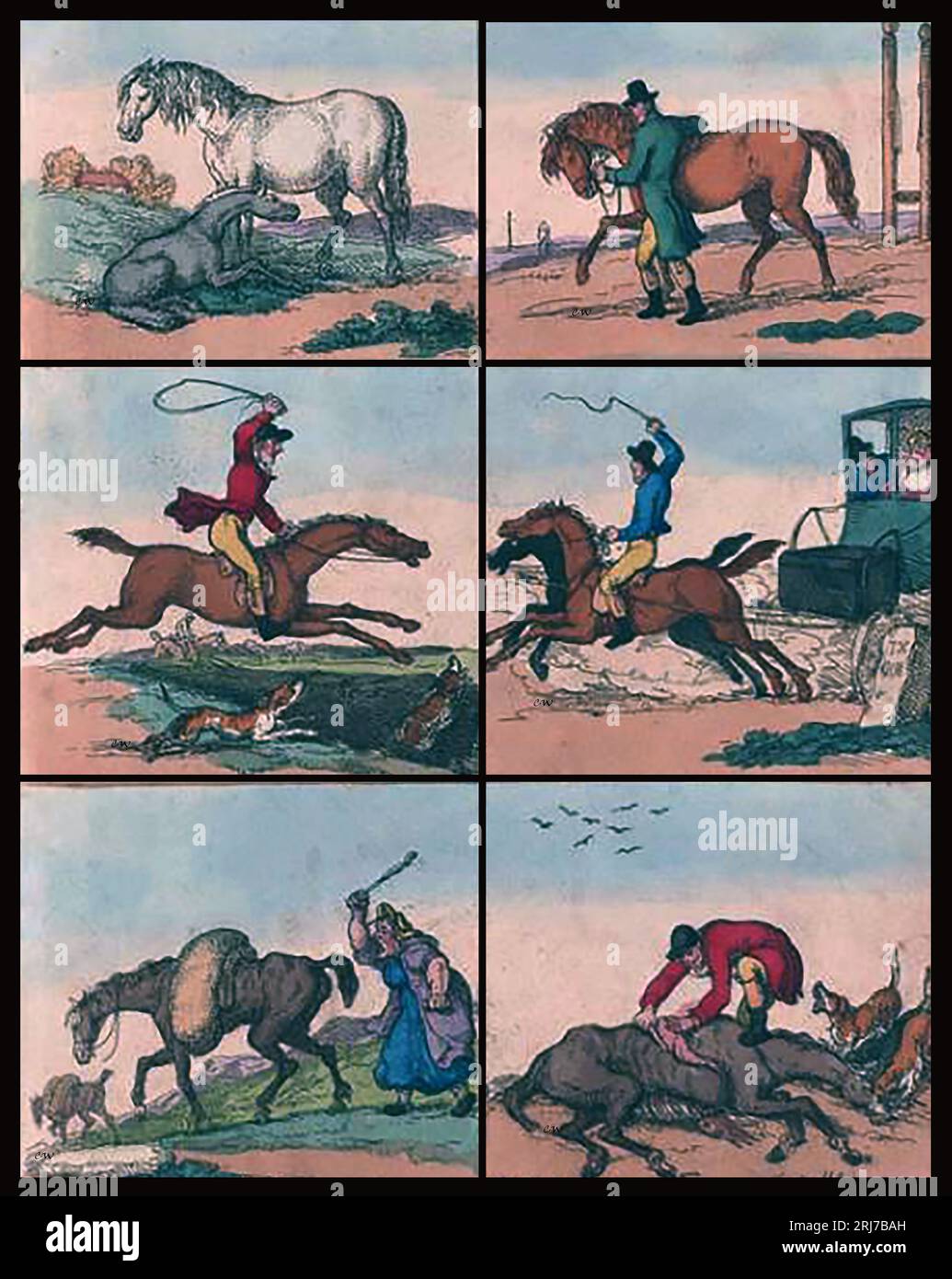 1811 illustration montrant la durée de vie d'un cheval moyen, montrant son utilisation progressive et son mauvais usage jusqu'à ce qu'il finisse par devenir de la viande de cheval. Banque D'Images